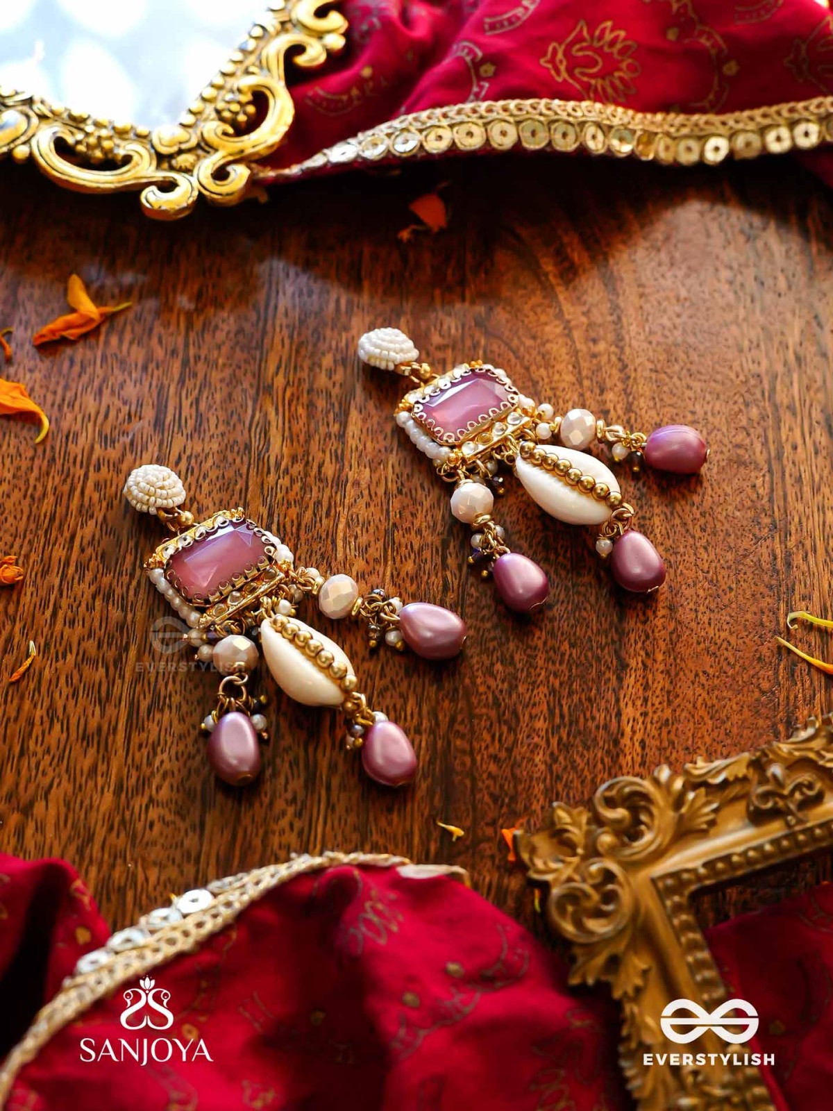 MANOHARA - CHARMING BEAUTY- ROYAL KUNDAN EARRINGS WITH PEARL STRINGS, SHELLS AND PINK GEM EMBELLISHMENTS
