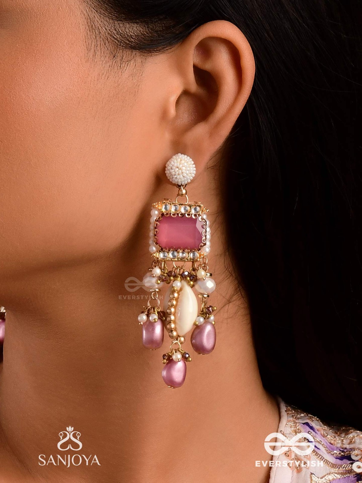 MANOHARA - CHARMING BEAUTY- ROYAL KUNDAN EARRINGS WITH PEARL STRINGS, SHELLS AND PINK GEM EMBELLISHMENTS