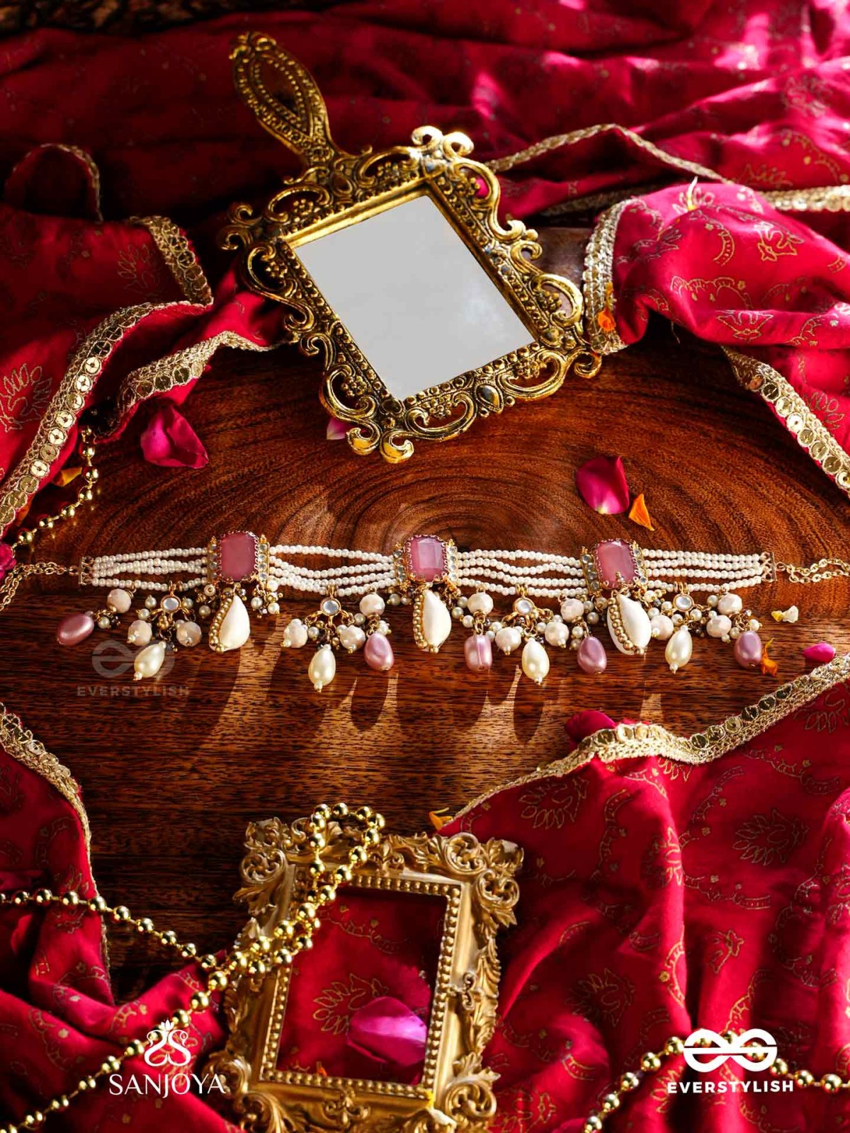 MANOHARA - CHARMING BEAUTY- ROYAL KUNDAN NECKLACE WITH PEARL STRINGS, SHELLS AND PINK GEM EMBELLISHMENTS