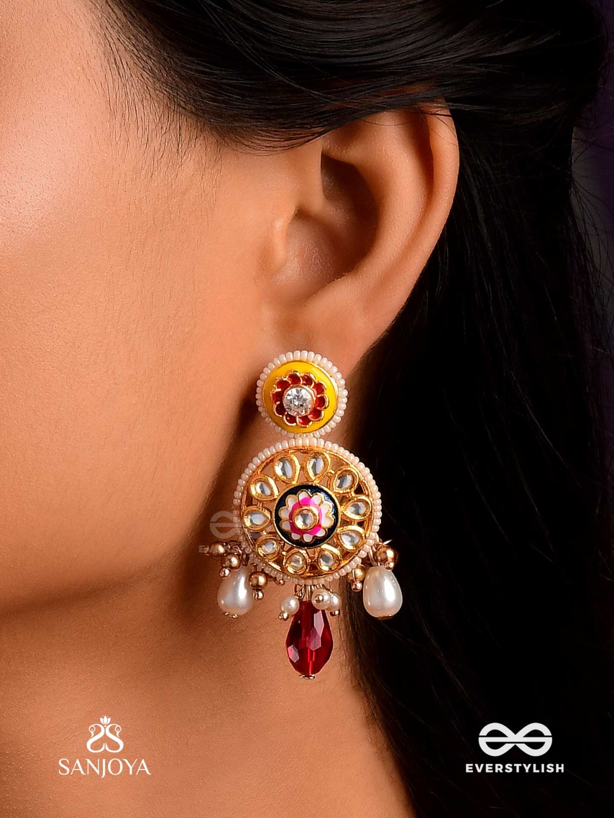DIVYANJALI - DIVINE OFFERING-  KUNDAN, PEARLS, AND RED STONES HANDMADE EARRINGS