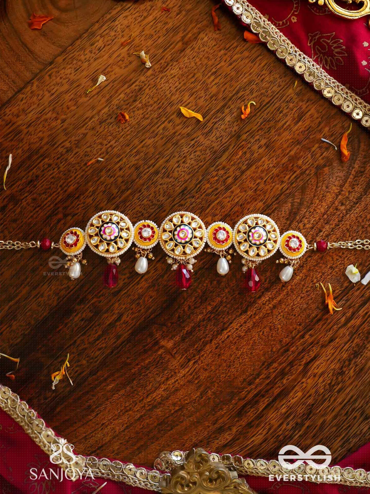 DIVYANJALI - DIVINE OFFERING-  KUNDAN, PEARLS, AND RED STONES HANDMADE NECKLACE
