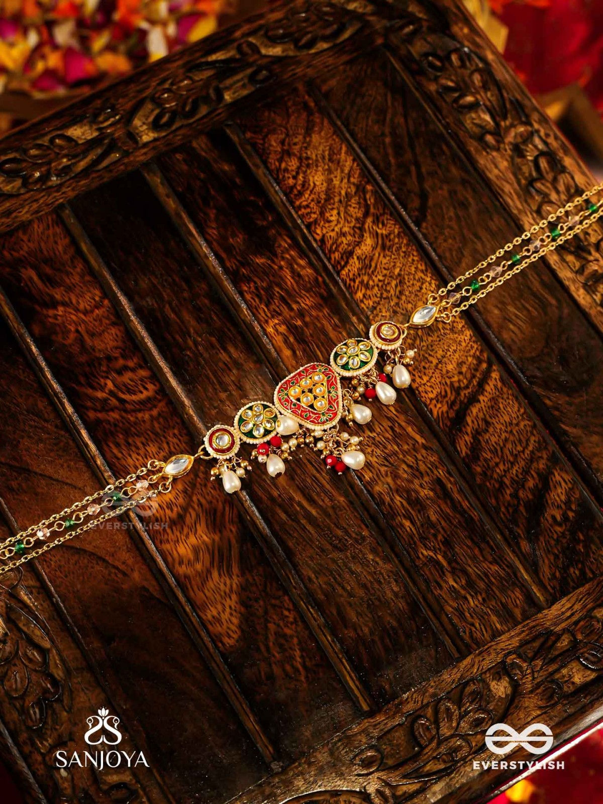 SUNDARIKA - BEAUTIFUL ONE - INTRICATE KUNDAN NECKLACE WITH ENAMEL WORK AND PEARL DROPS