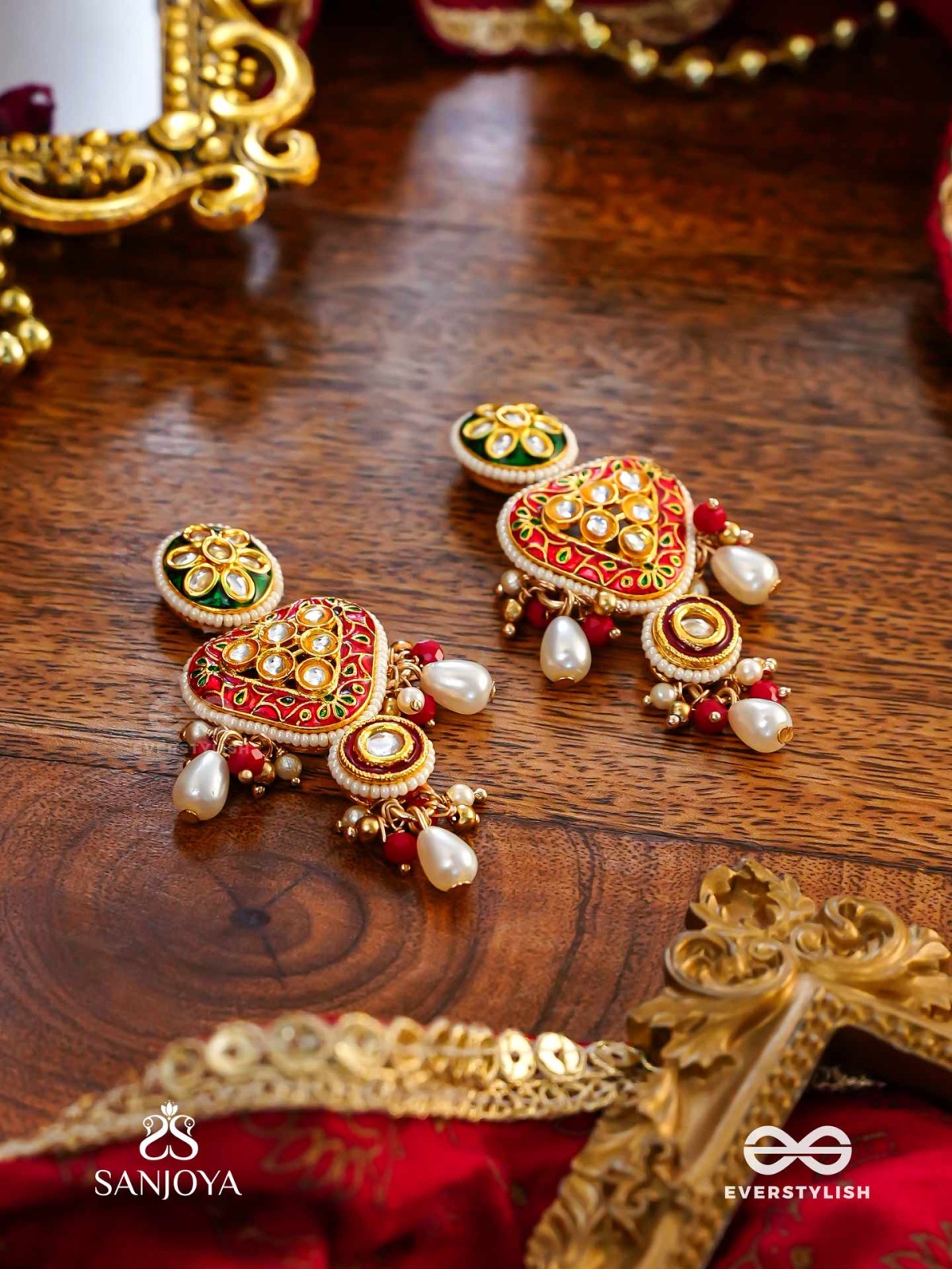 SUNDARIKA - BEAUTIFUL ONE - INTRICATE KUNDAN EARRINGS WITH ENAMEL WORK AND PEARL DROPS