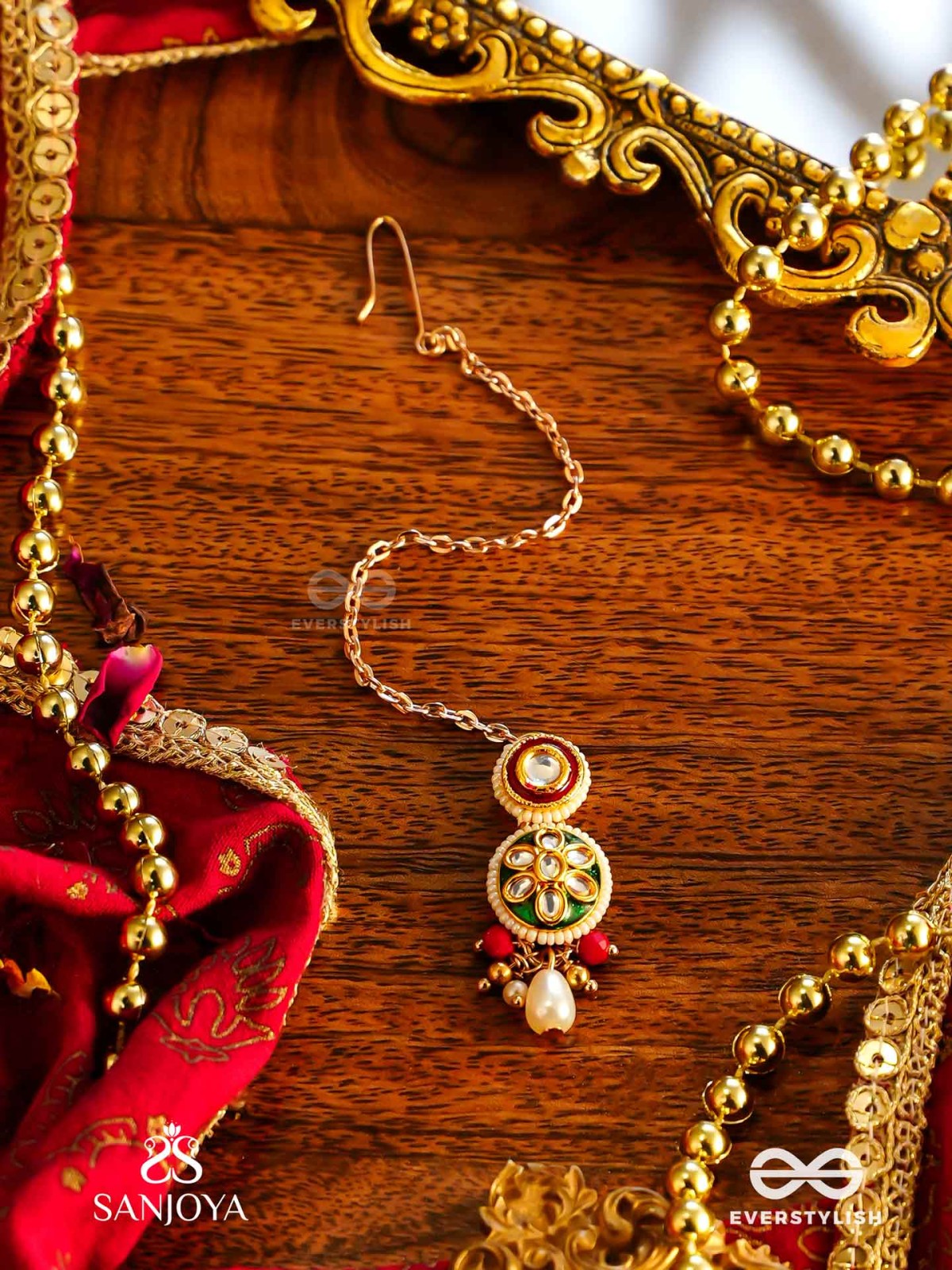 UNDARIKA - BEAUTIFUL ONE - INTRICATE KUNDAN MAANGTIKA WITH ENAMEL WORK AND PEARL DROPS