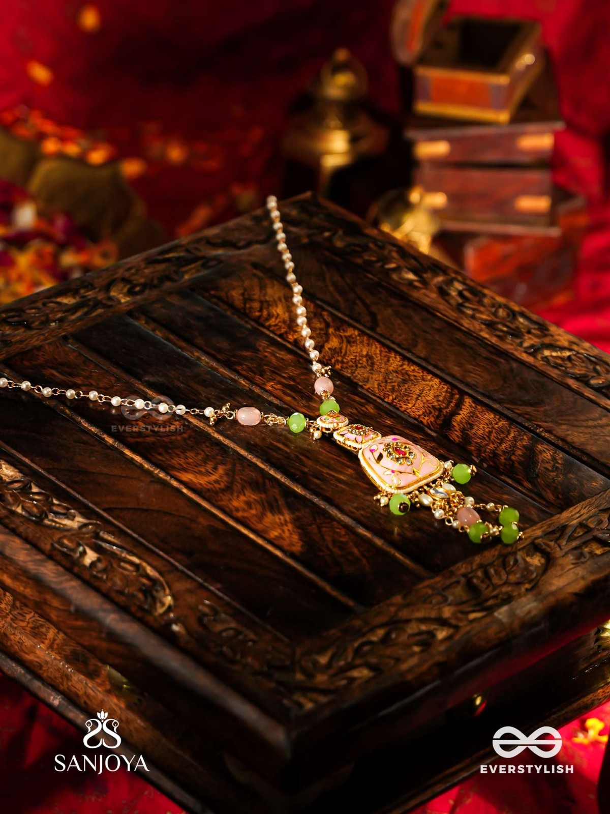 MADHUVRATA – SWEET AS SPRING BLOOM - GRACEFUL PINK ENAMELLED PENDANT NECKLACE WITH KUNDAN GREEN BEADS AND PEARL DROPS