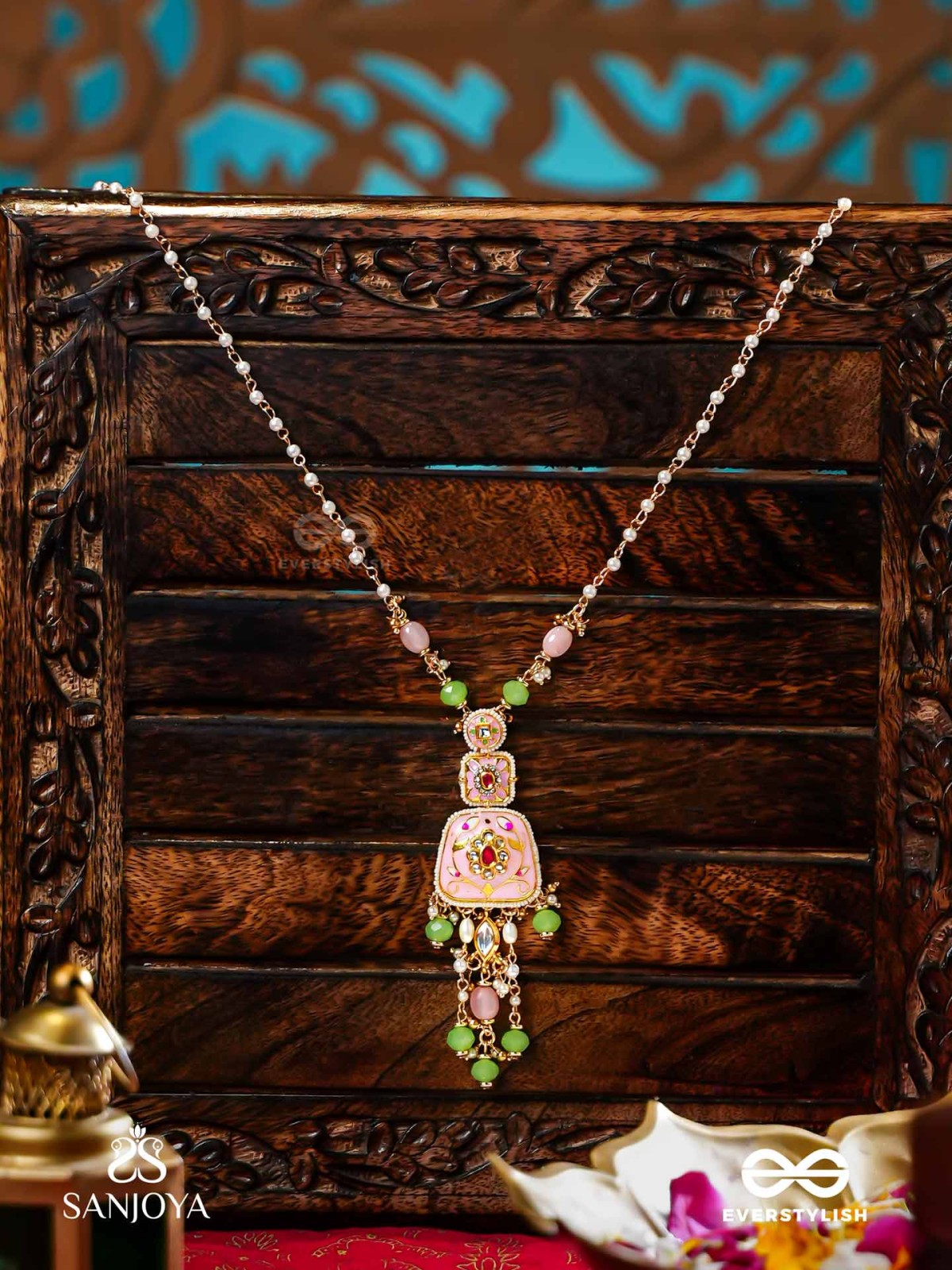 MADHUVRATA – SWEET AS SPRING BLOOM - GRACEFUL PINK ENAMELLED PENDANT NECKLACE WITH KUNDAN GREEN BEADS AND PEARL DROPS