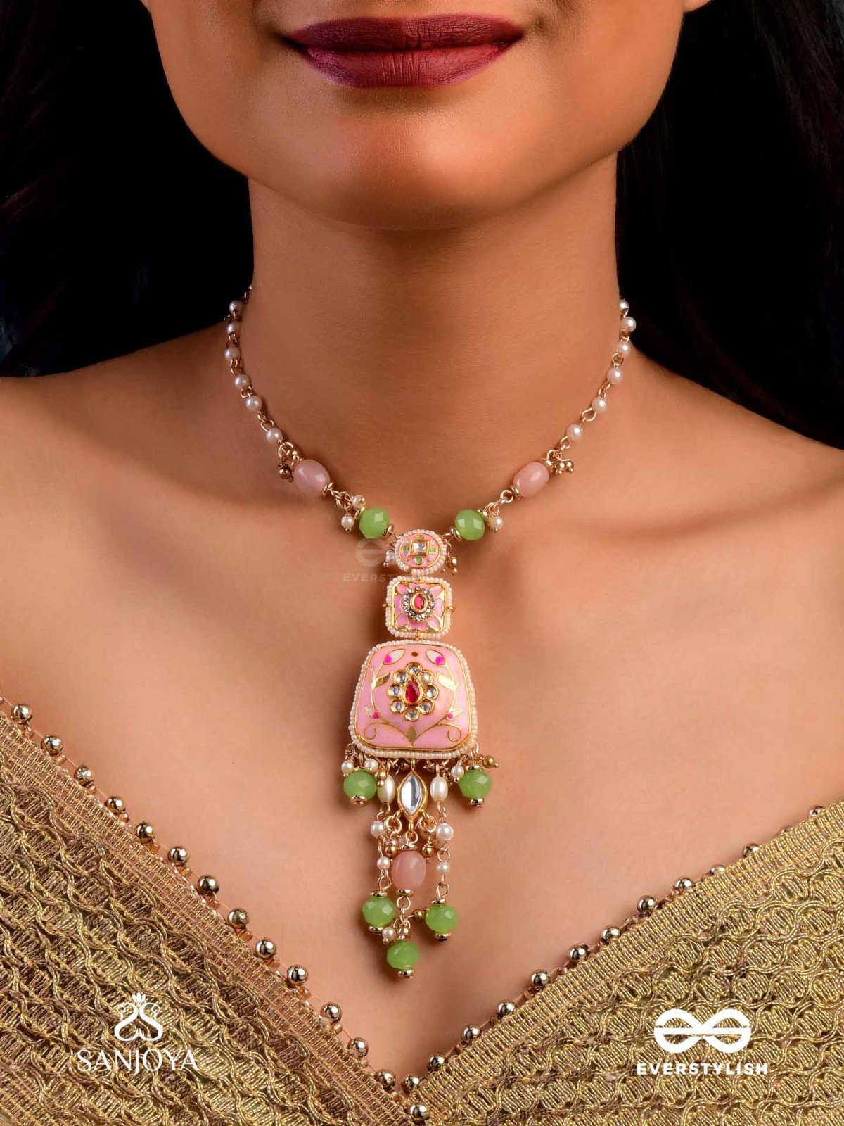 MADHUVRATA – SWEET AS SPRING BLOOM - GRACEFUL PINK ENAMELLED PENDANT NECKLACE WITH KUNDAN GREEN BEADS AND PEARL DROPS