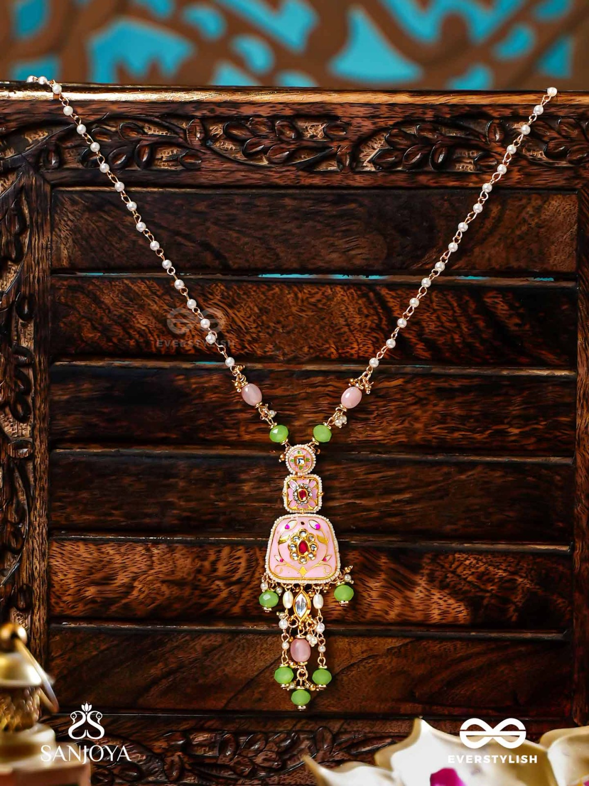 MADHUVRATA – SWEET AS SPRING BLOOM - GRACEFUL PINK ENAMELLED PENDANT NECKLACE WITH KUNDAN GREEN BEADS AND PEARL DROPS
