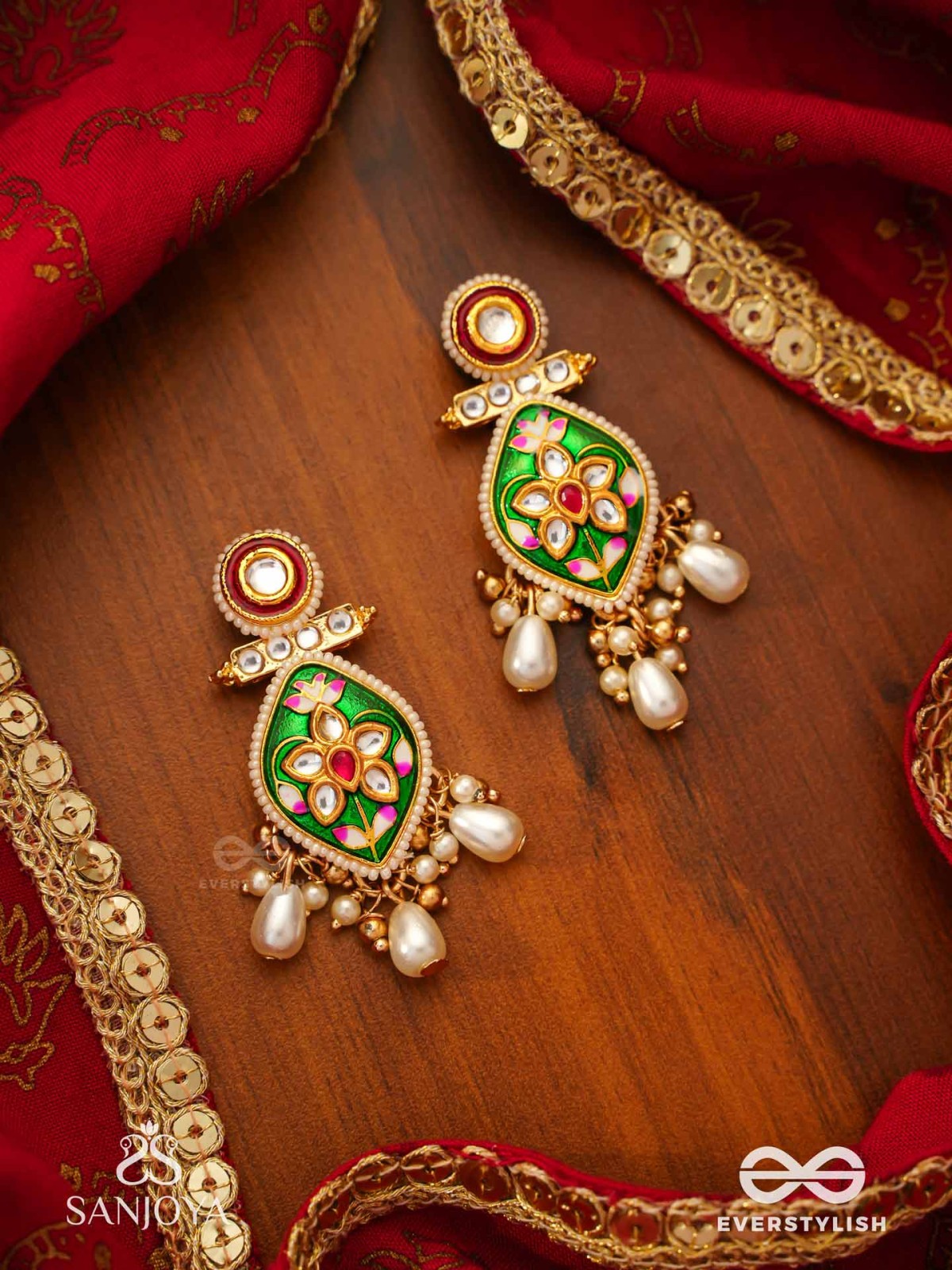 HARINAKSHI - DOE-EYED BEAUTY - GRACEFUL HANDCRAFTED KUNDAN EARRINGS WITH POLKI ACCENTS AND PEARL DETAILS