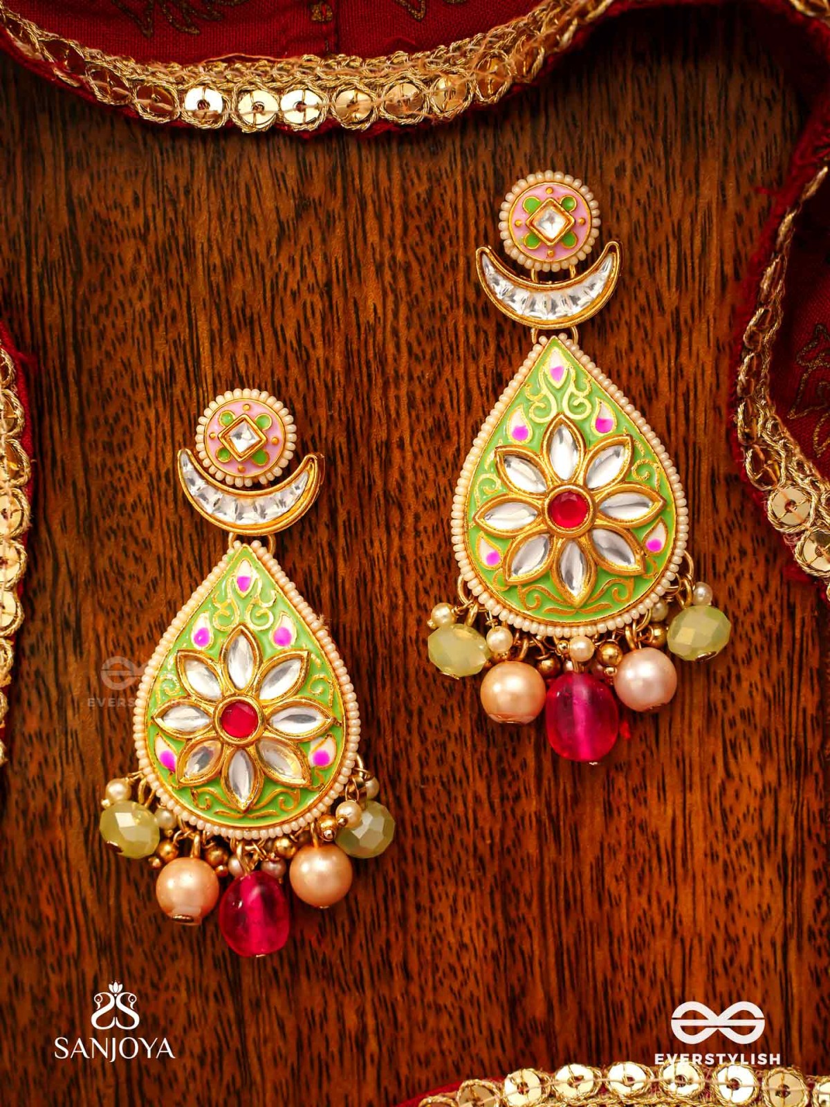 MADHUBHUSHANA - ADORNED WITH SWEETNESS - HANDCRAFTED KUNDAN ENAMEL EARRINGS WITH PEARL AND GEM DROPS