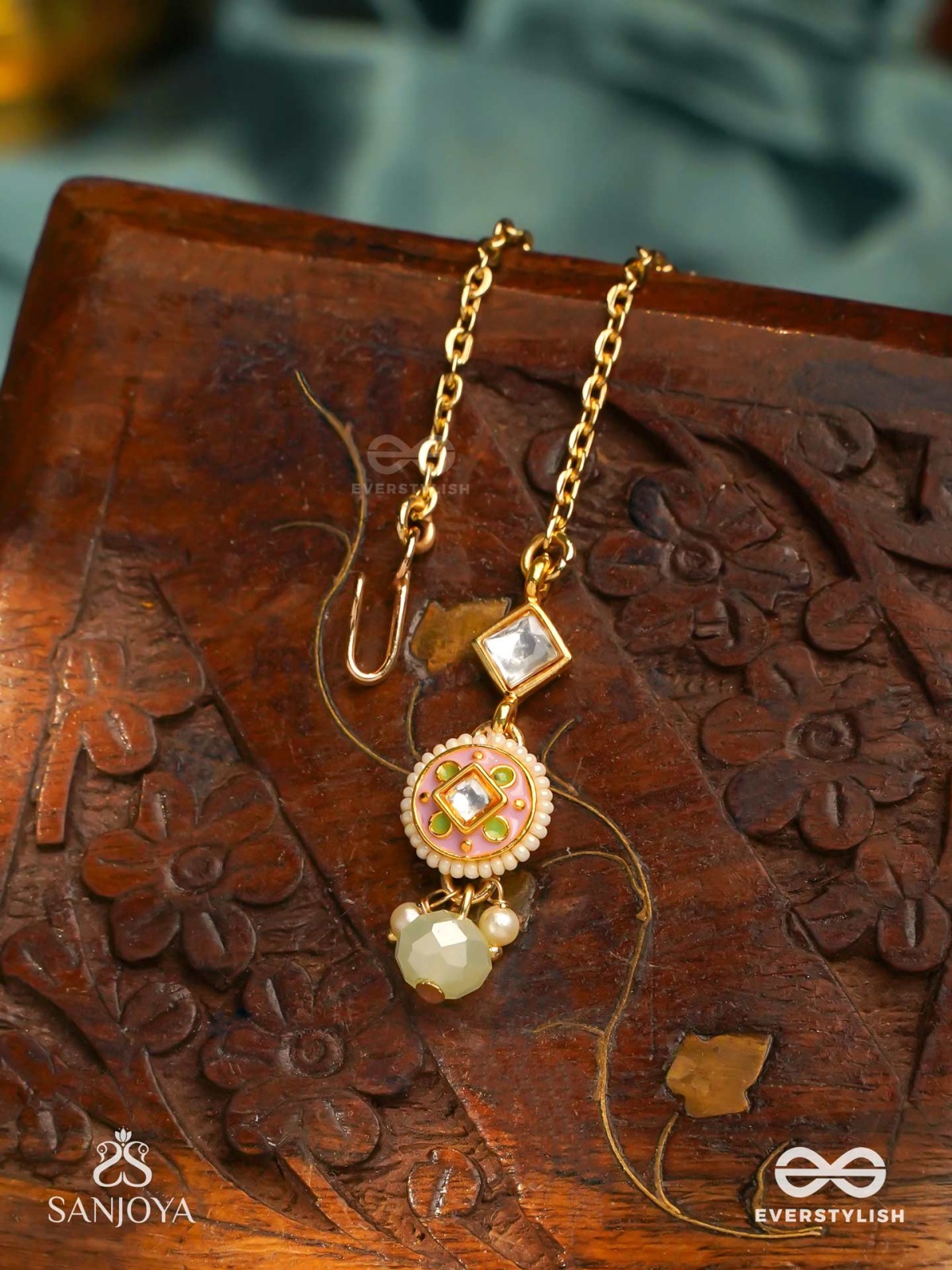 MADHUBHUSHANA - ADORNED WITH SWEETNESS - HANDCRAFTED KUNDAN ENAMEL MAANGTIKA WITH PEARL AND GEM DROPS