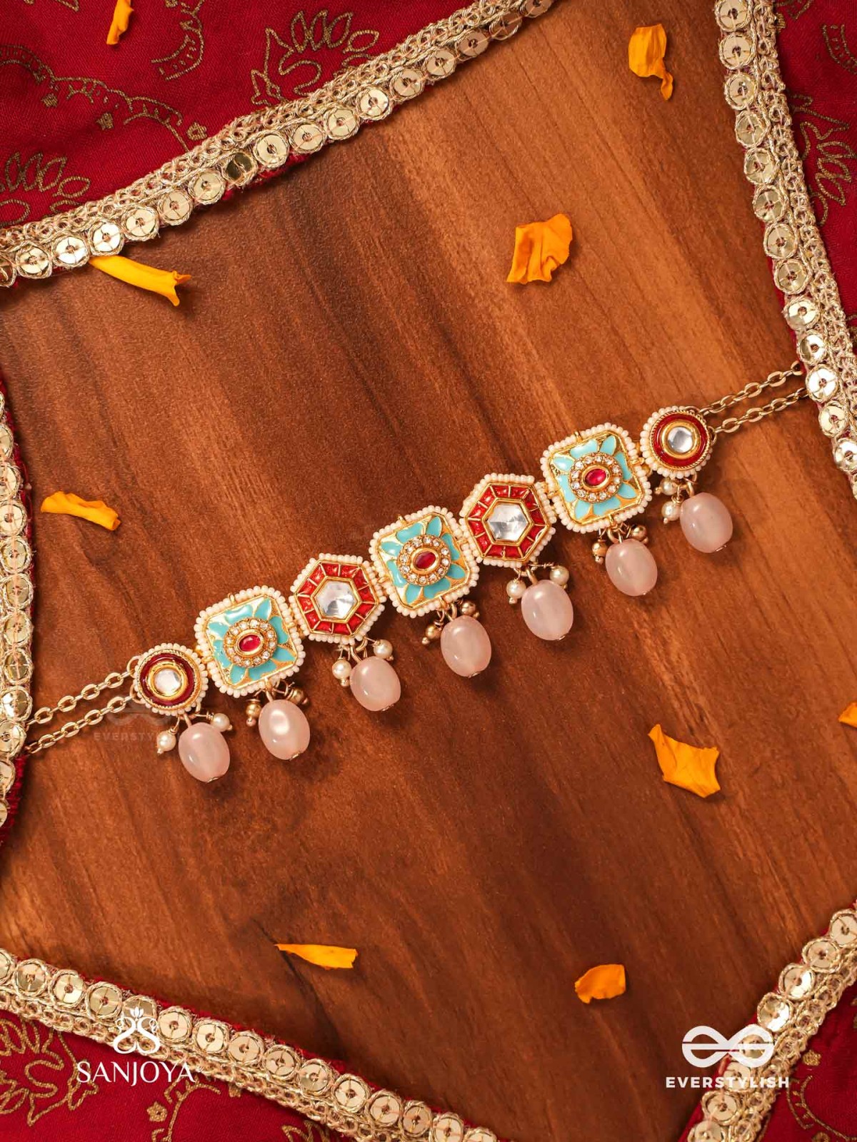 PUSHPAKSHI - BLOSSOMING BEAUTY - DELICATE KUNDAN MULTI-TONED ENAMEL CHOKER WITH DAINTY GEMSTONE DROPS