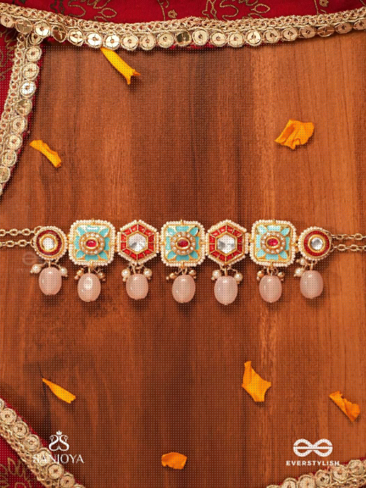 PUSHPAKSHI - BLOSSOMING BEAUTY - DELICATE KUNDAN MULTI-TONED ENAMEL CHOKER WITH DAINTY GEMSTONE DROPS