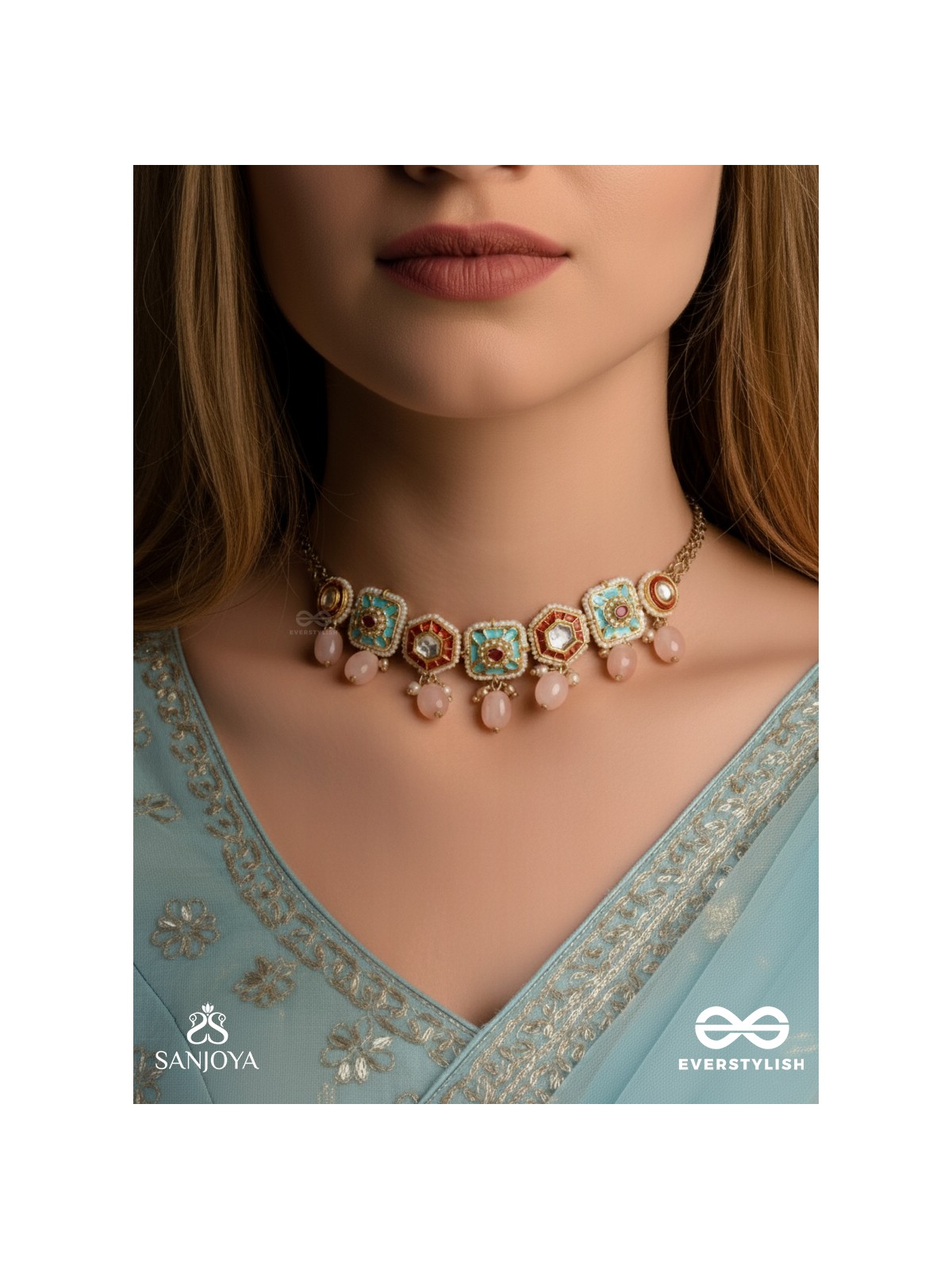 PUSHPAKSHI - BLOSSOMING BEAUTY - DELICATE KUNDAN MULTI-TONED ENAMEL CHOKER WITH DAINTY GEMSTONE DROPS