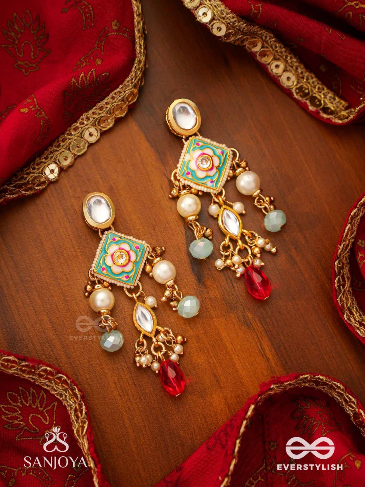 ANUPAMA - INCOMPARABLE BEAUTY - STATEMENT ENAMELLED KUNDAN EARRINGS WITH DAZZLING PEARLS, BEADS AND GEMS