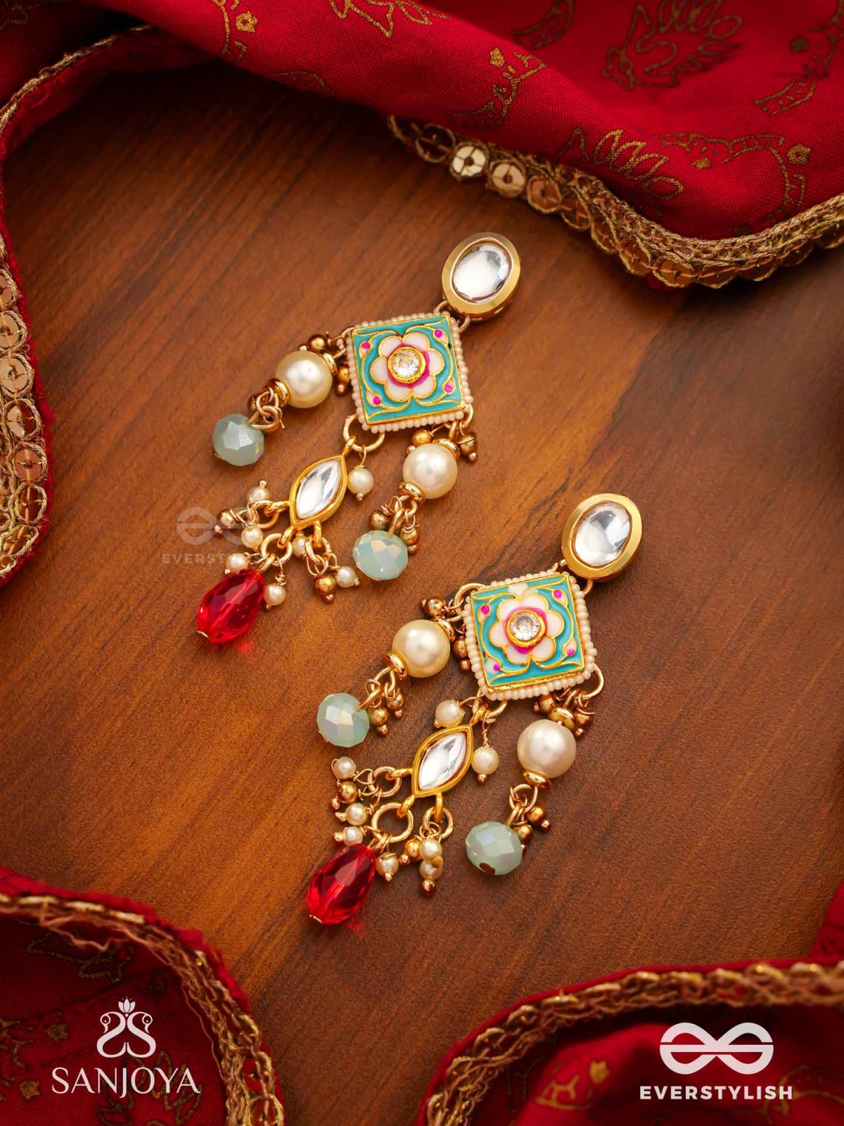 ANUPAMA - INCOMPARABLE BEAUTY - STATEMENT ENAMELLED KUNDAN EARRINGS WITH DAZZLING PEARLS, BEADS AND GEMS
