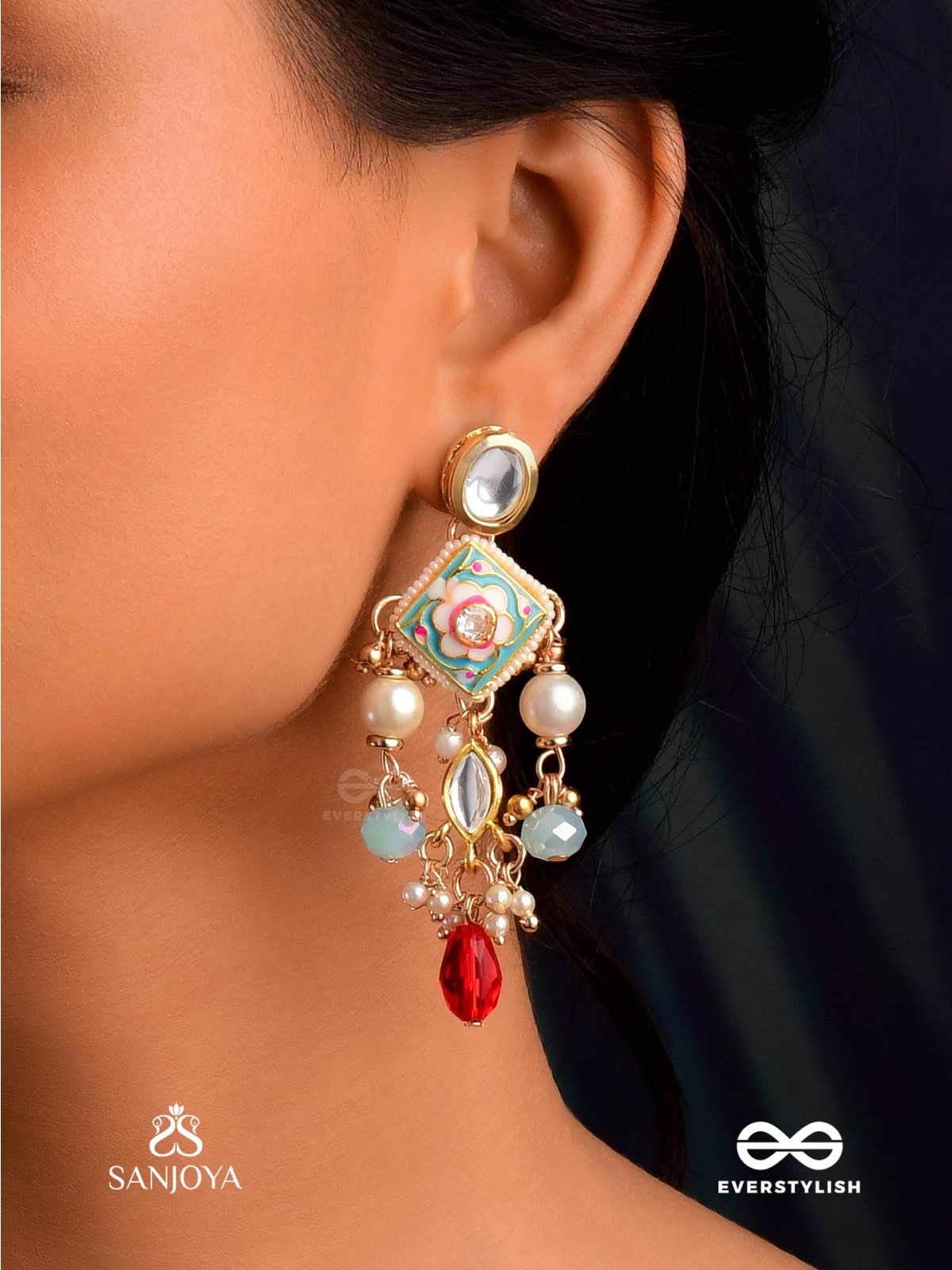ANUPAMA - INCOMPARABLE BEAUTY - STATEMENT ENAMELLED KUNDAN EARRINGS WITH DAZZLING PEARLS, BEADS AND GEMS