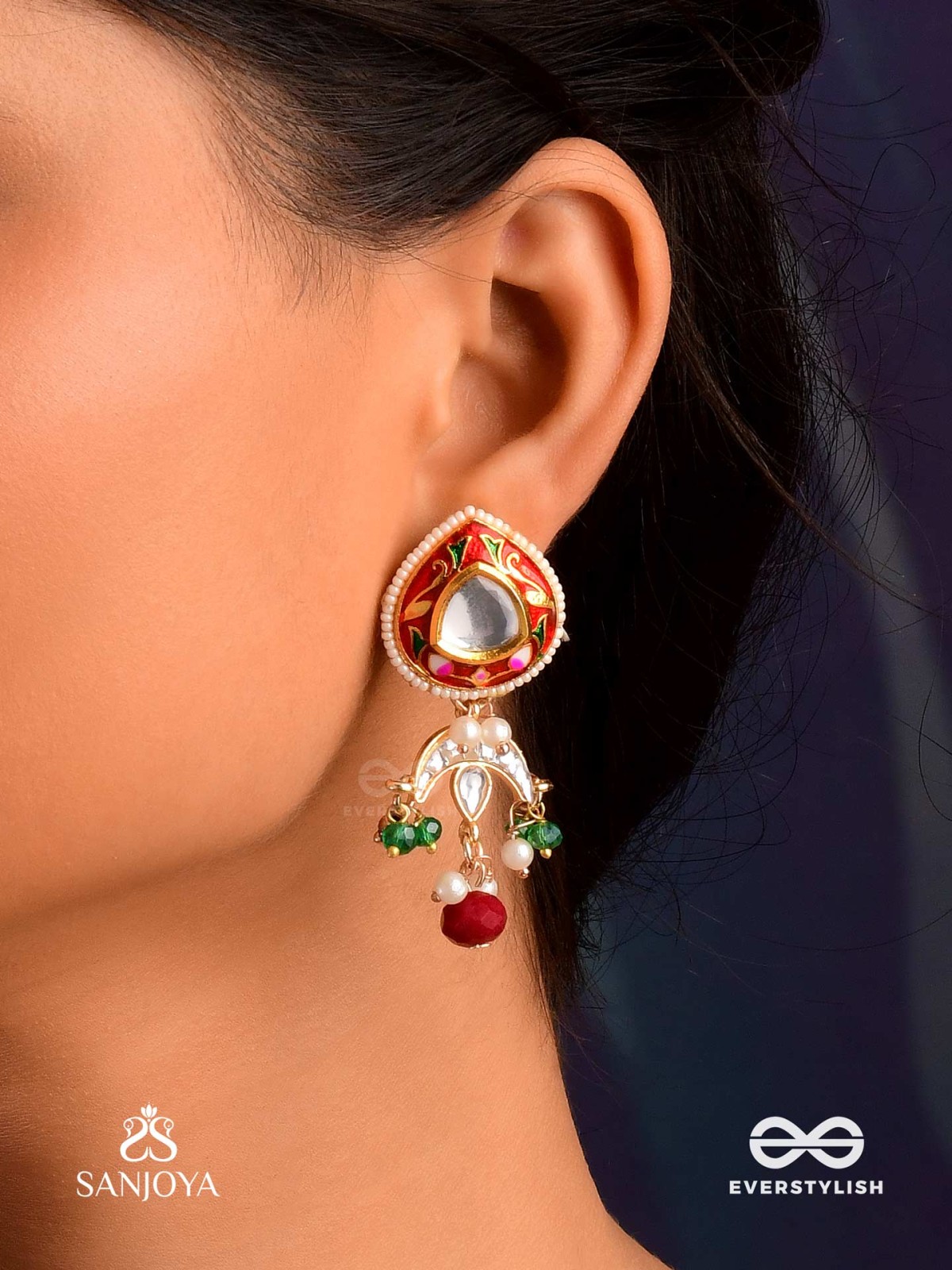 ANUPRITA - DIVINELY ADORNED - TRADITIONAL KUNDAN EARRINGS WITH PEARL AND BEADS