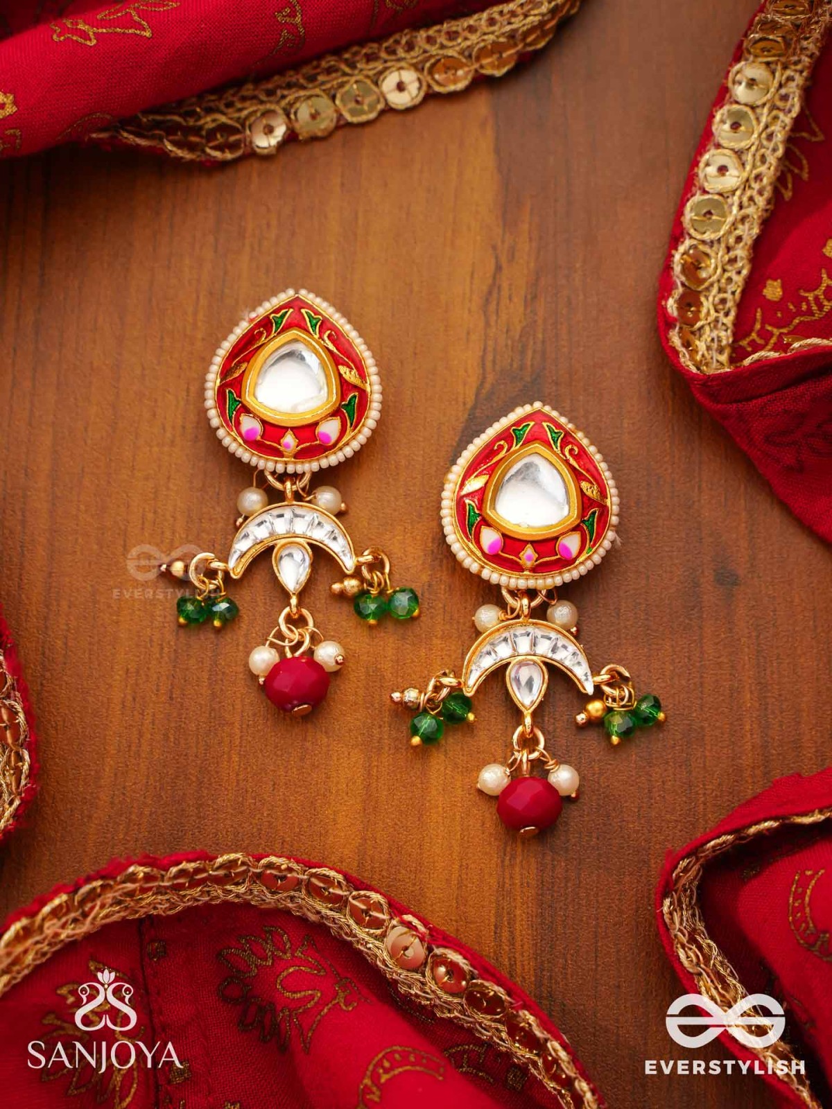 ANUPRITA - DIVINELY ADORNED - TRADITIONAL KUNDAN EARRINGS WITH PEARL AND BEADS