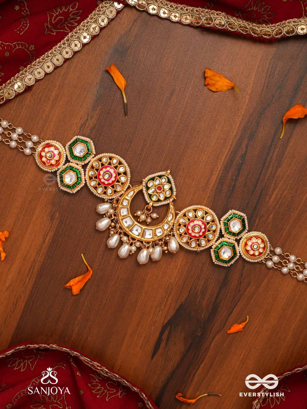VIBHAVATI - ADORNED WITH RICHNESS - EXQUISITE KUNDAN CHOKER WITH ENAMELLED POLKI DESIGN, PEARLS AND GEMSTONES
