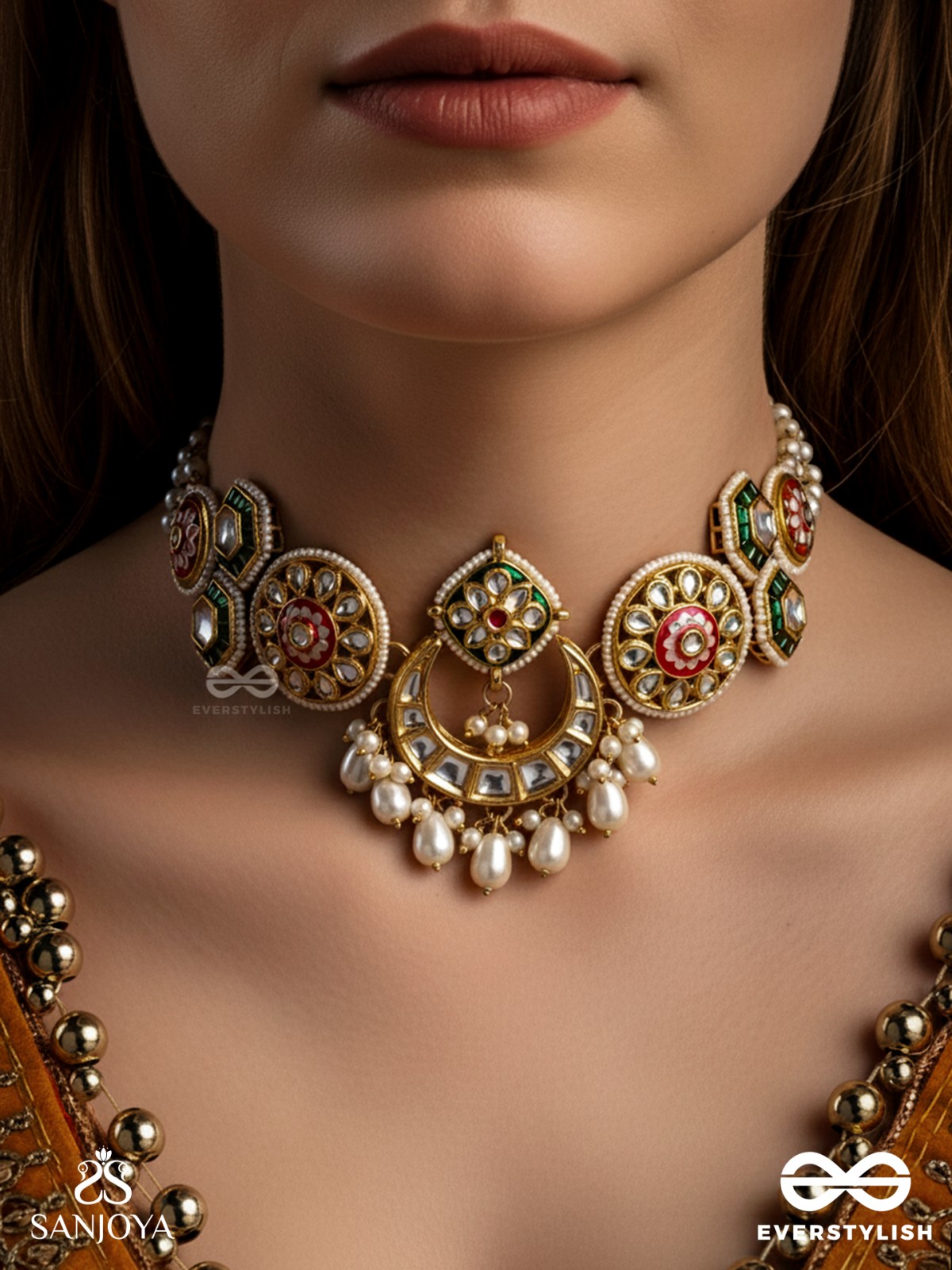 VIBHAVATI - ADORNED WITH RICHNESS - EXQUISITE KUNDAN CHOKER WITH ENAMELLED POLKI DESIGN, PEARLS AND GEMSTONES