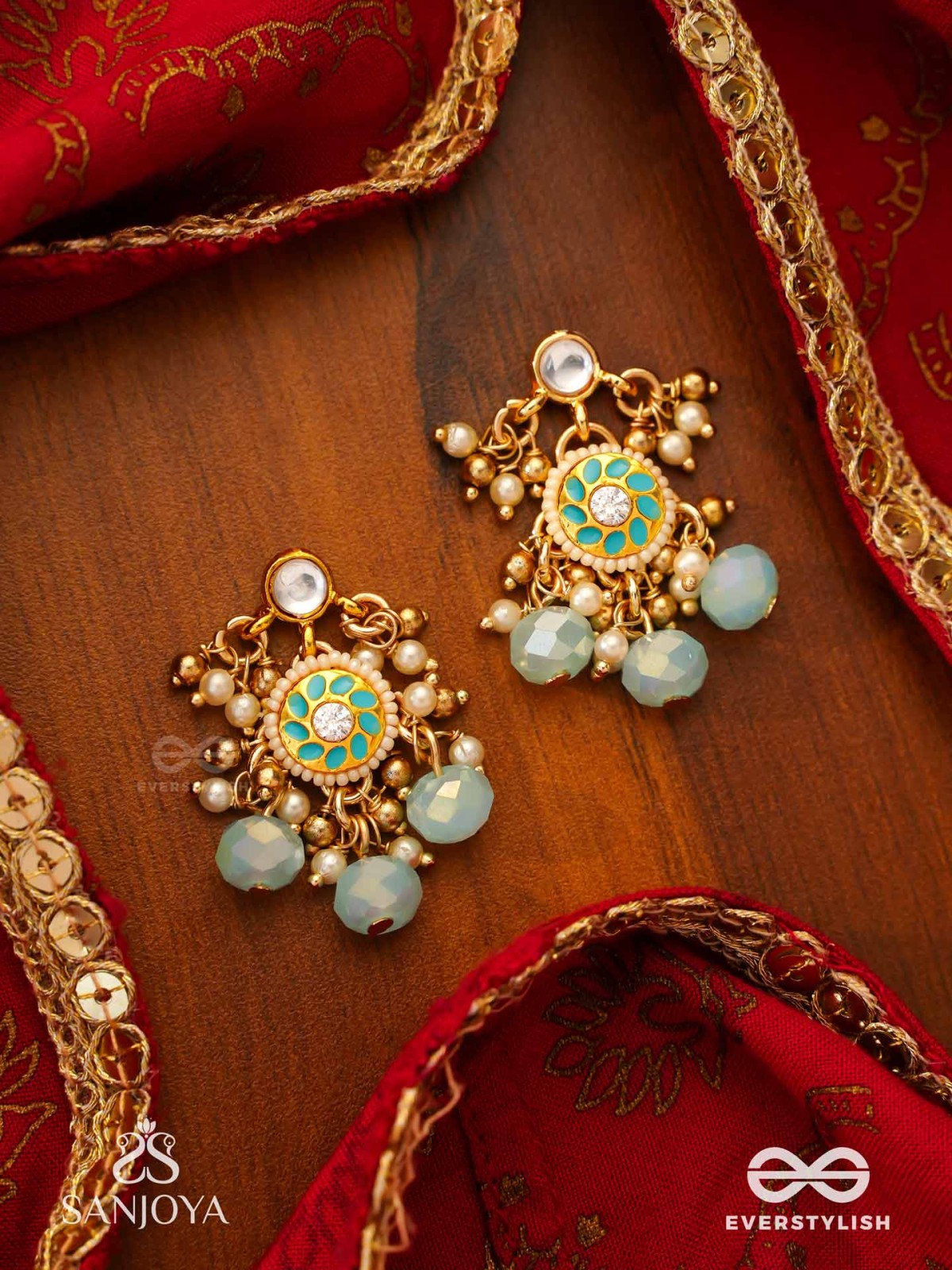 VARUNIKA - GODDESS OF WATER - GRACEFUL BLUE ENAMEL KUNDAN EARRINGS WITH LUSTROUS DROPS