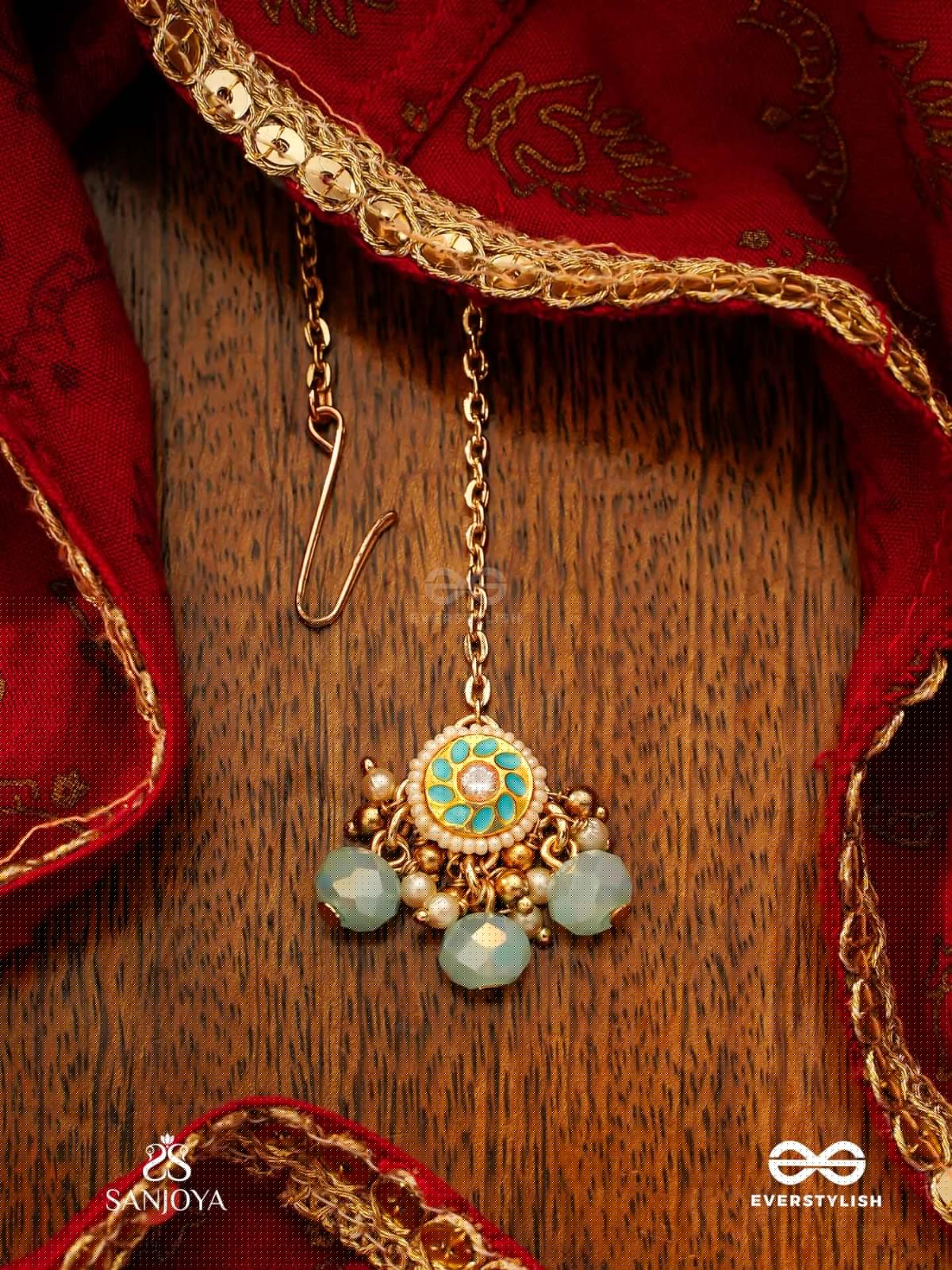 VARUNIKA - GODDESS OF WATER - GRACEFUL BLUE ENAMEL KUNDAN MAANGTIKA WITH LUSTROUS DROPS