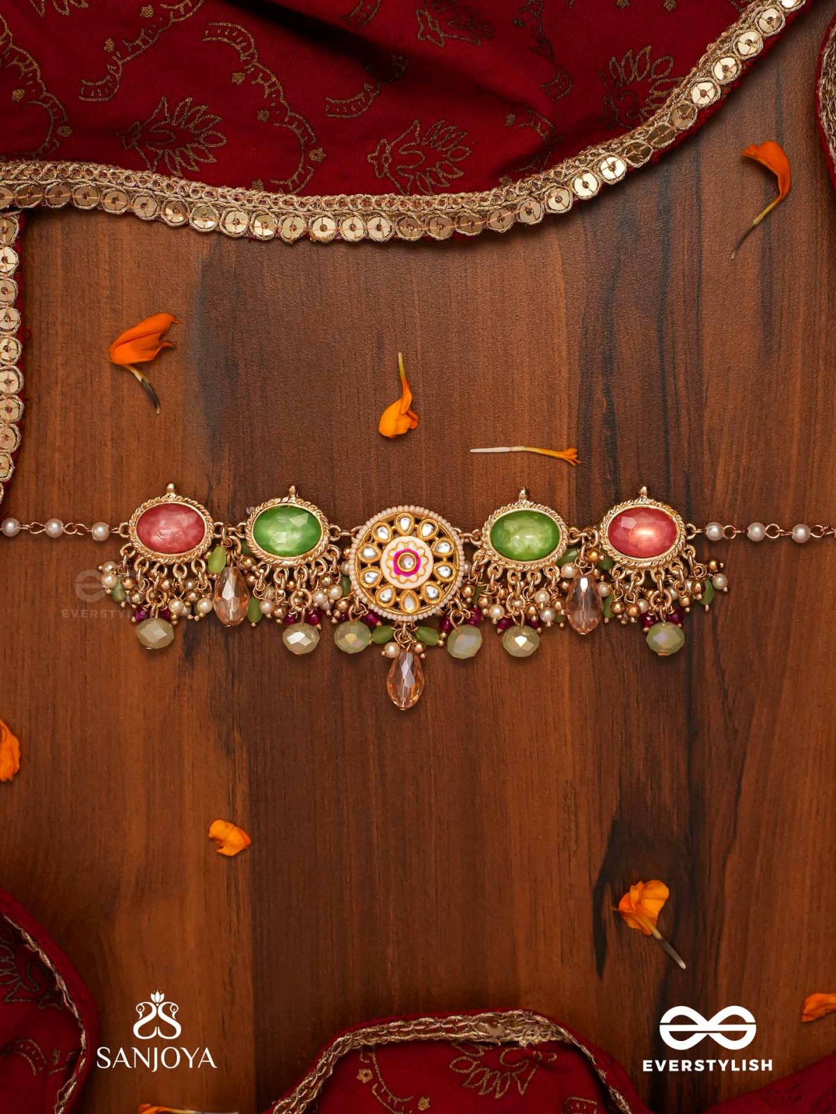 HARITRINA - GREEN AND PINK BEAUTY - ORNATE KUNDAN CHOKER WITH FLORAL MOTIFS AND SPARKLING DROPS
