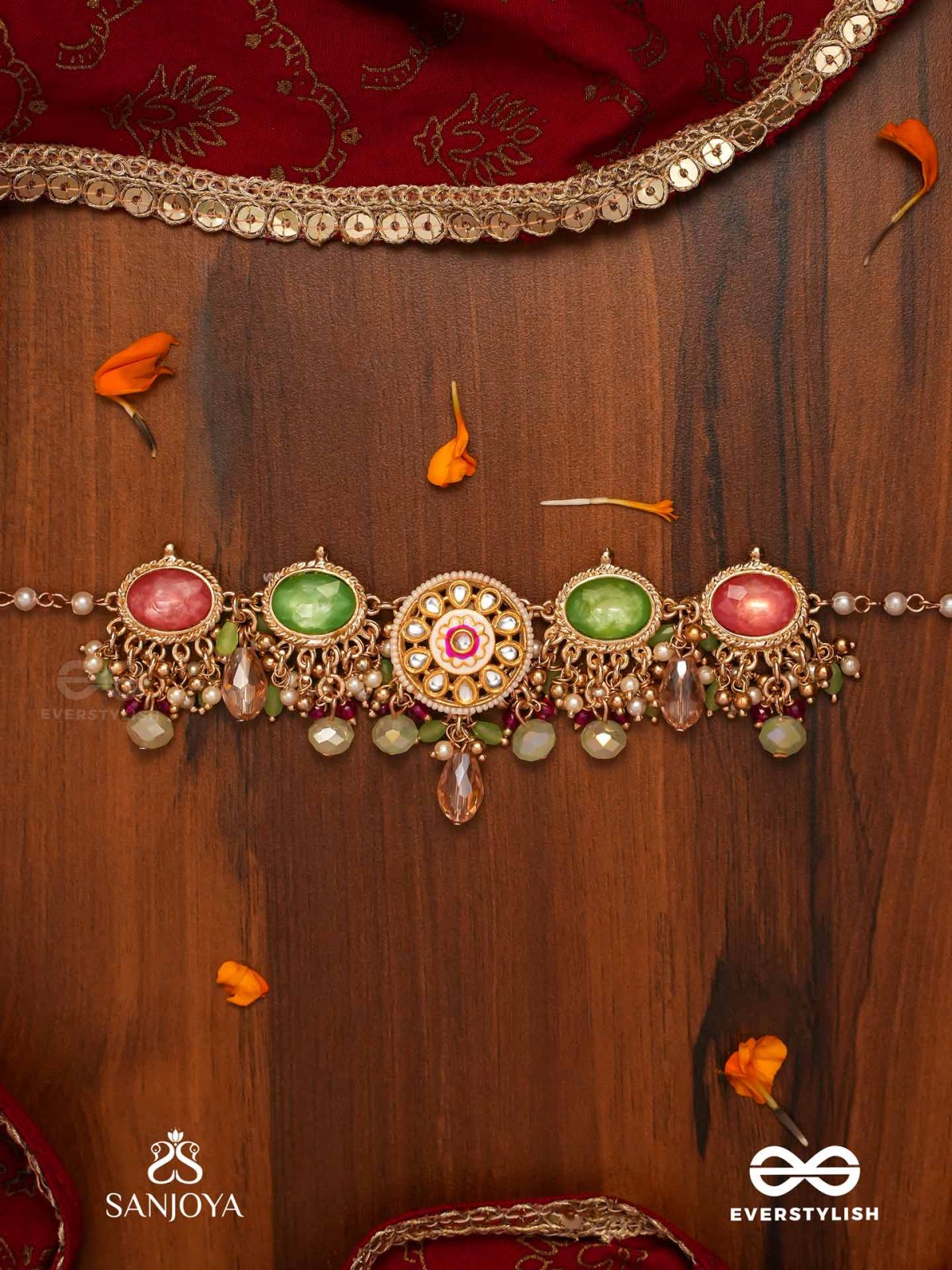 HARITRINA - GREEN AND PINK BEAUTY - ORNATE KUNDAN CHOKER WITH FLORAL MOTIFS AND SPARKLING DROPS