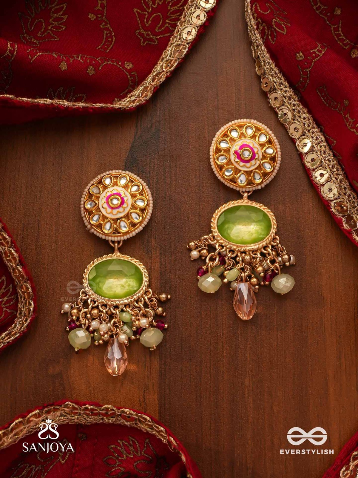 HARITRINA - GREEN AND PINK BEAUTY - ORNATE KUNDAN EARRINGS WITH FLORAL MOTIFS AND SPARKLING DROPS