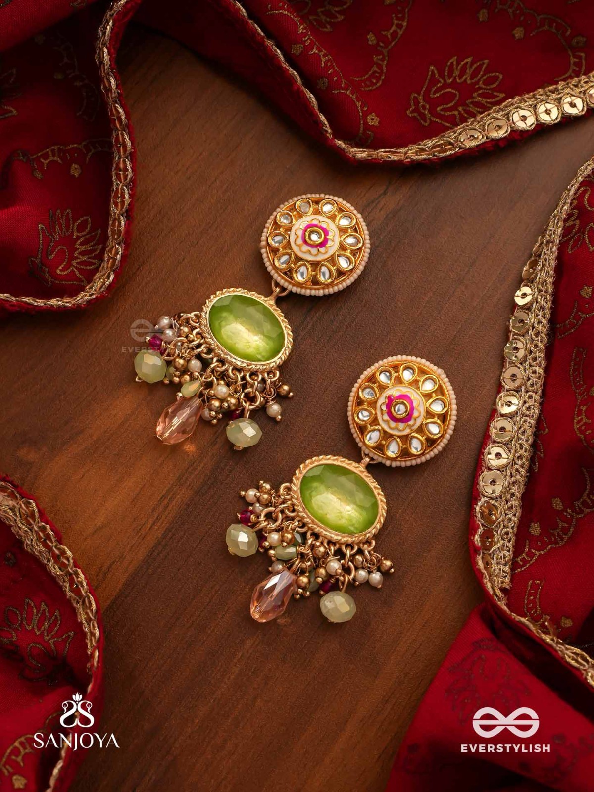 HARITRINA - GREEN AND PINK BEAUTY - ORNATE KUNDAN EARRINGS WITH FLORAL MOTIFS AND SPARKLING DROPS