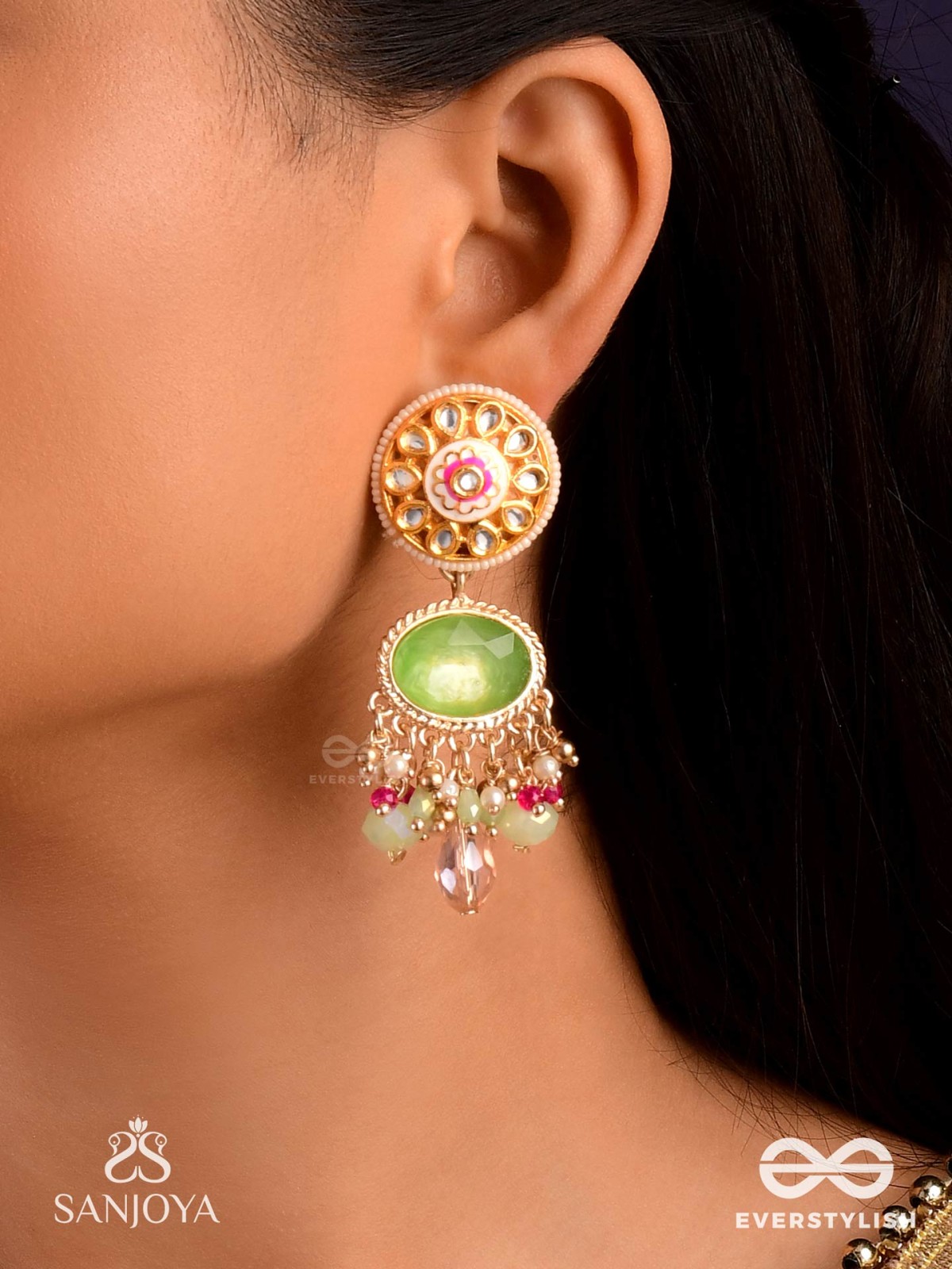HARITRINA - GREEN AND PINK BEAUTY - ORNATE KUNDAN EARRINGS WITH FLORAL MOTIFS AND SPARKLING DROPS
