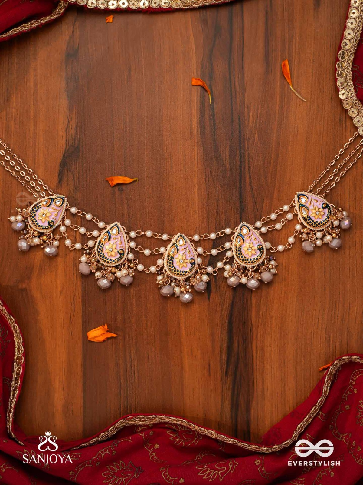 CHITRAMANI - JEWELLED ART - HANDCRAFTED KUNDAN NECKLACE WITH DETAILED ENAMEL WORK AND SOFT GEM DROPS