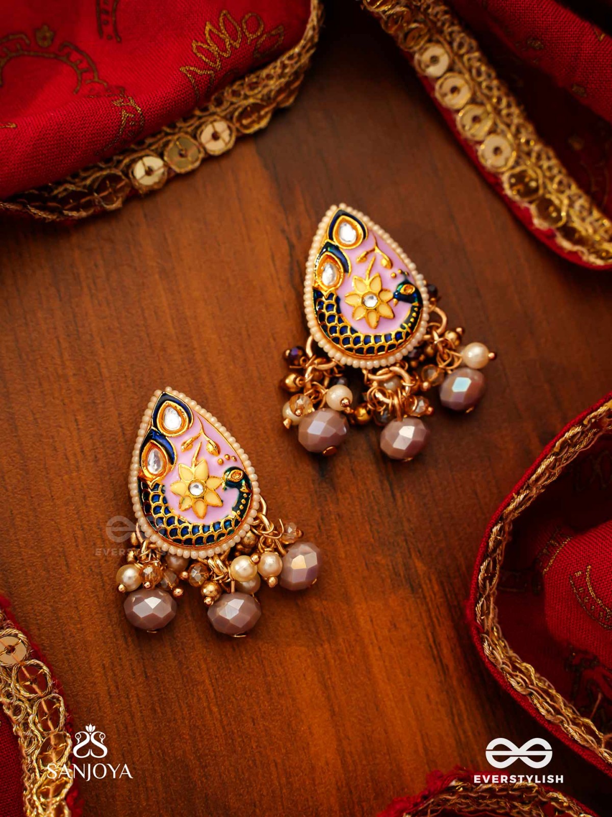CHITRAMANI - JEWELLED ART - HANDCRAFTED KUNDAN EARRINGS WITH DETAILED ENAMEL WORK AND SOFT GEM DROPS