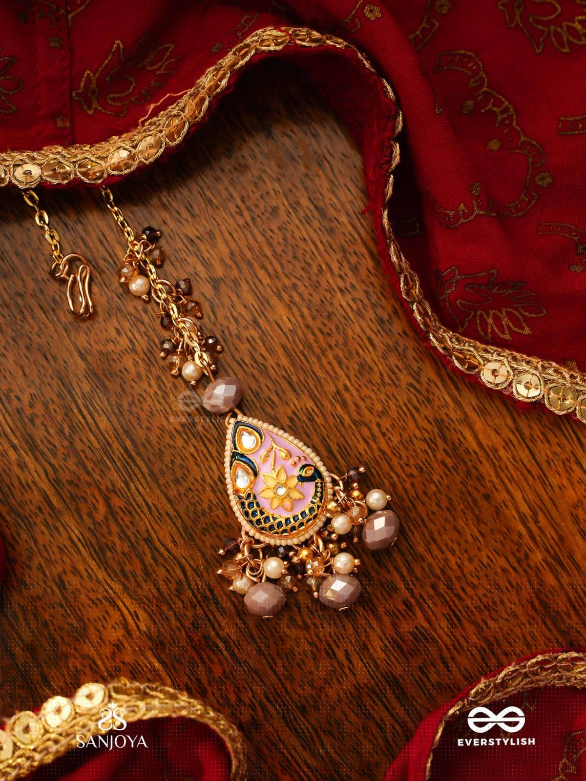 CHITRAMANI - JEWELLED ART - HANDCRAFTED KUNDAN MAANGTIKA WITH DETAILED ENAMEL WORK AND SOFT GEM DROPS