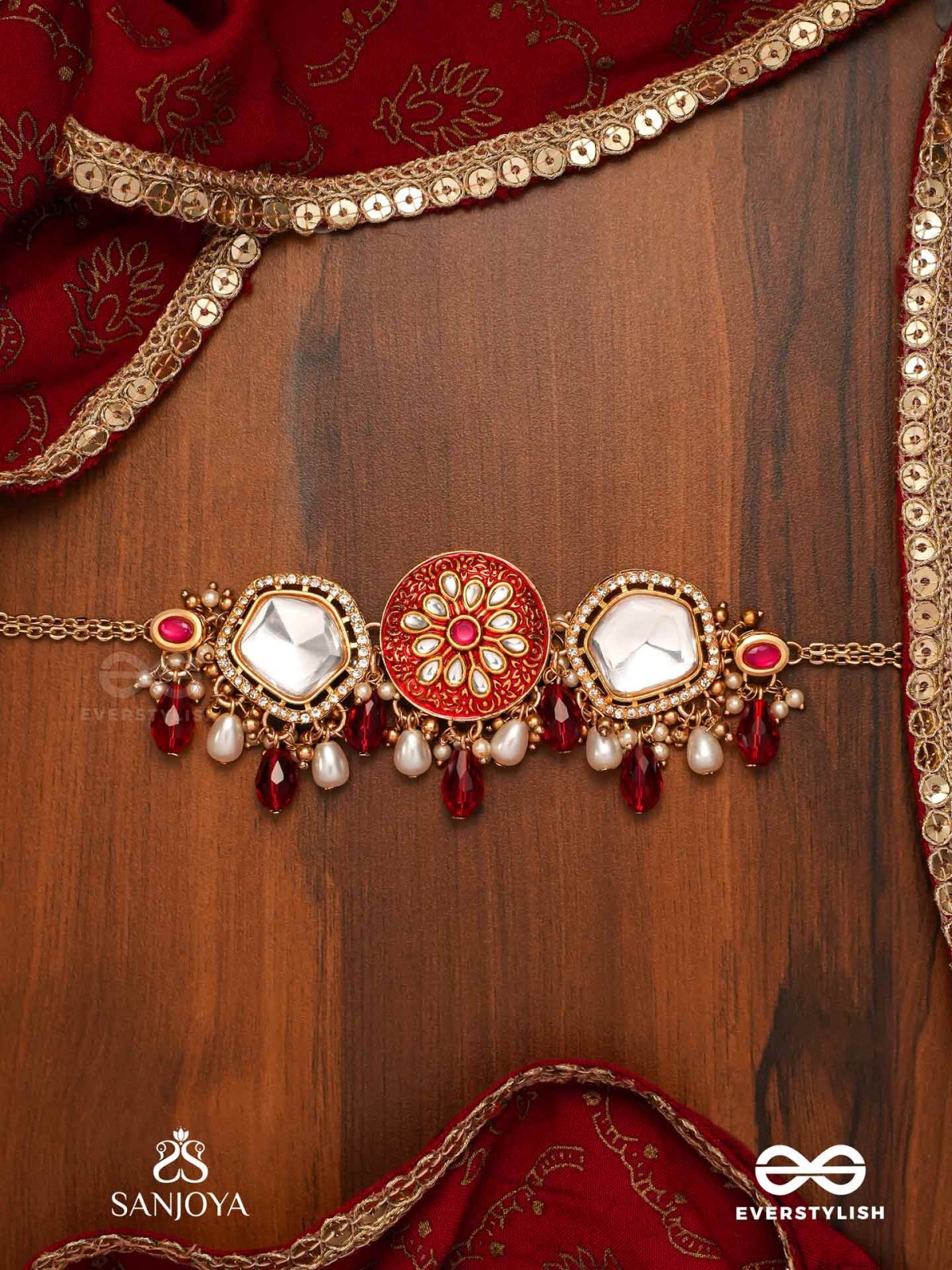 AGNITA - FIERY BEAUTY - INTRICATE KUNDAN RED POLKI CHOKER WITH DAZZLING MIRROR ACCENTS, PEARLS AND GEM FRINGES