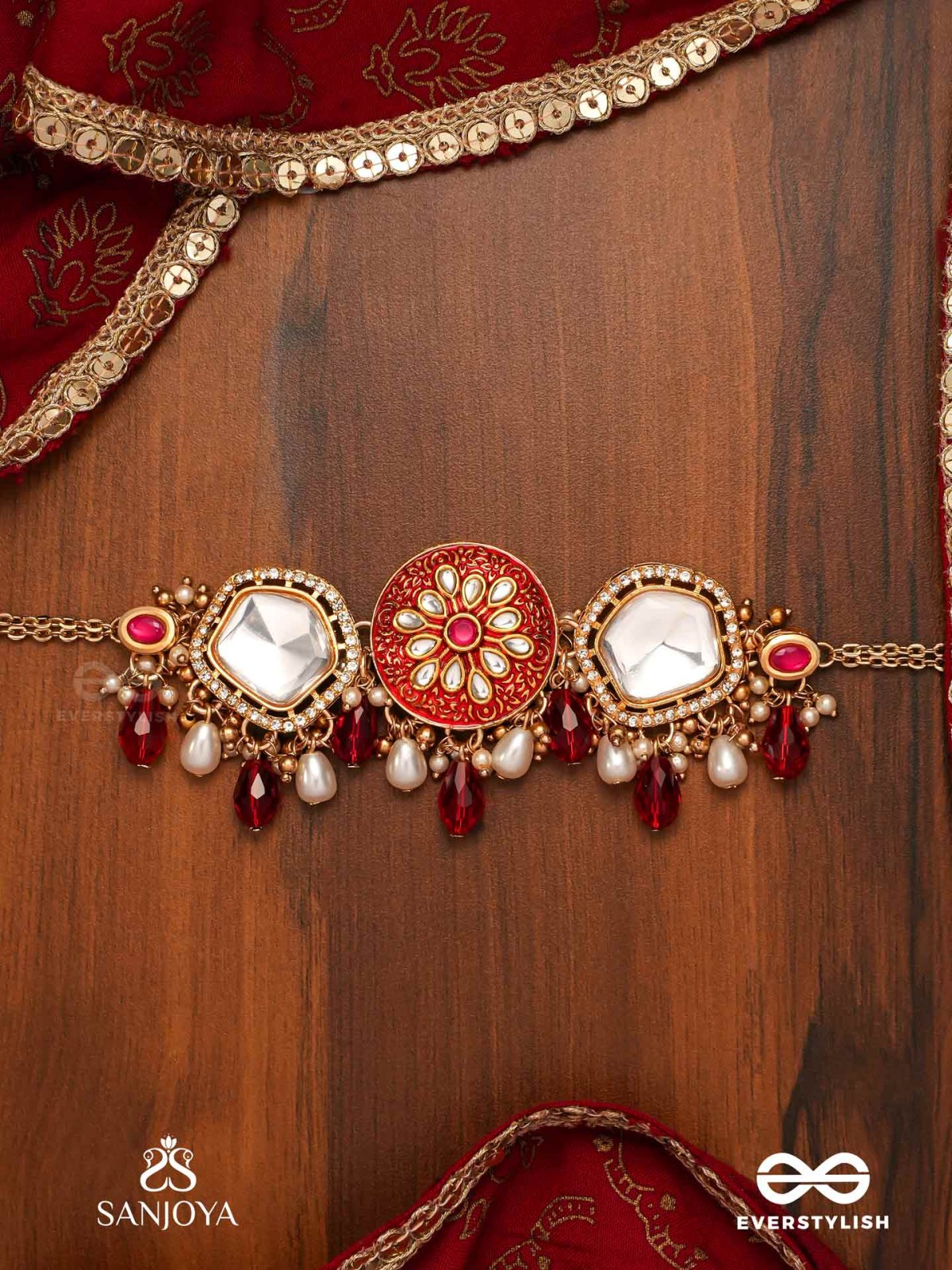 AGNITA - FIERY BEAUTY - INTRICATE KUNDAN RED POLKI CHOKER WITH DAZZLING MIRROR ACCENTS, PEARLS AND GEM FRINGES