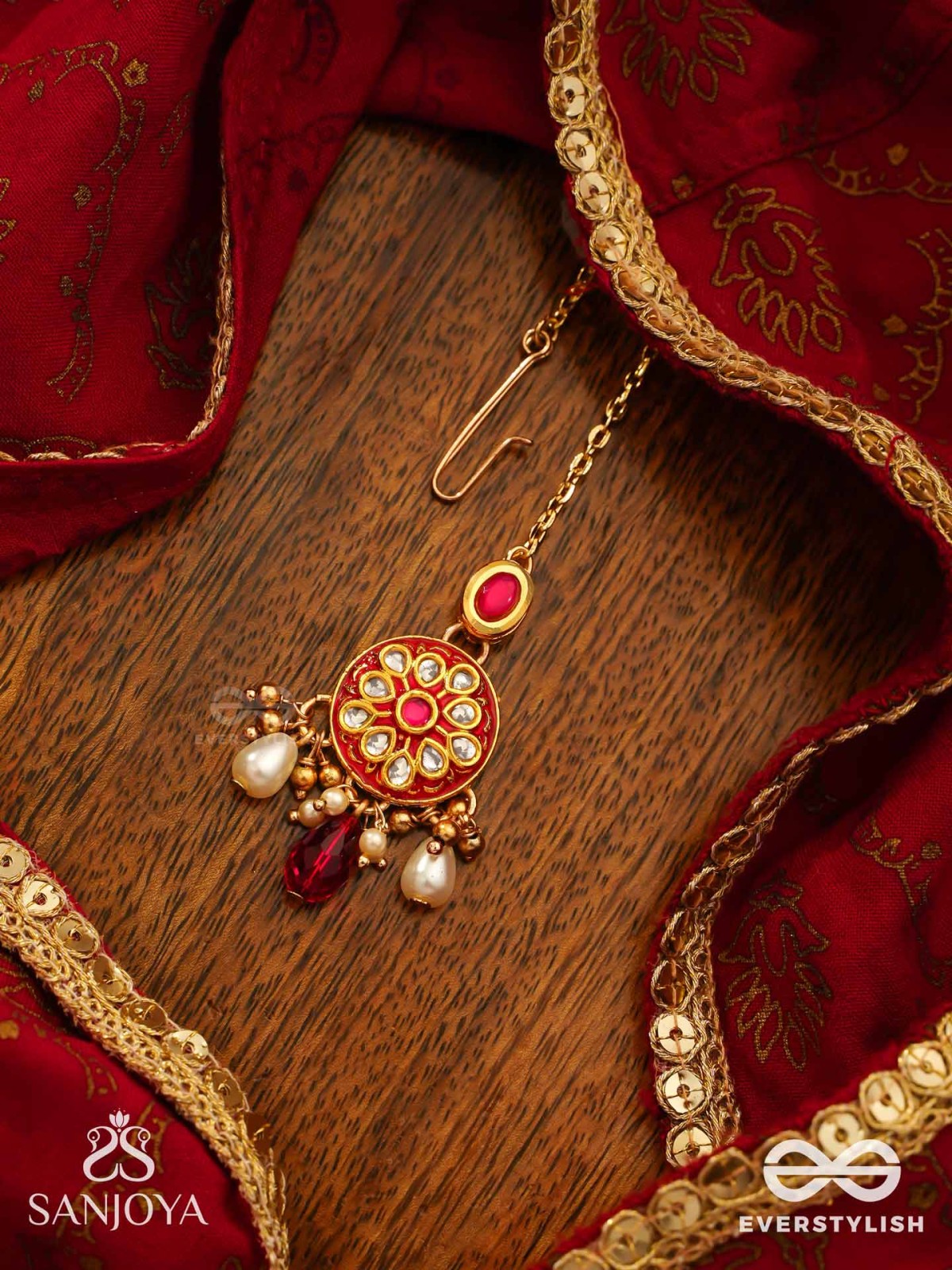 AGNITA - FIERY BEAUTY - INTRICATE KUNDAN RED POLKI MAANGTIKA WITH PEARLS AND GEM FRINGES