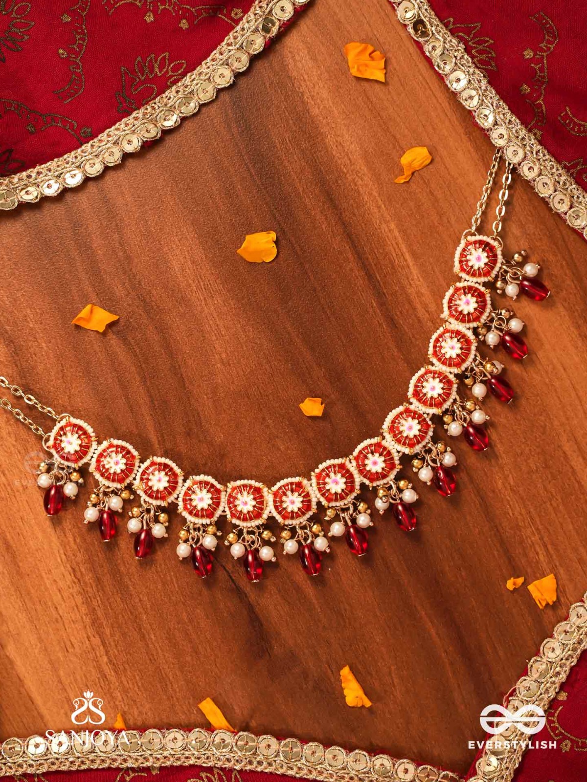 RUDRANJALI - SACRED RED OFFERING- TRADITIONAL RED ENAMELLED POLKI CHOKER WITH LUSTROUS BEADS AND PEARLS