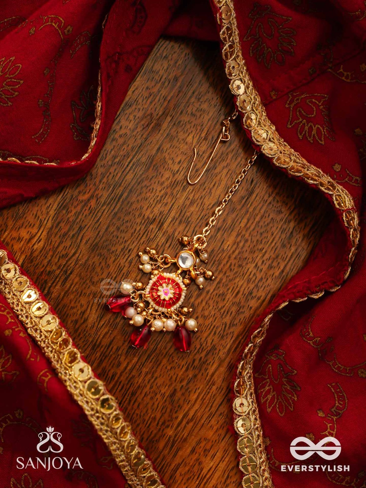 TRADITIONAL RED ENAMELLED POLKI MAANGTIKA WITH LUSTROUS BEADS AND PEARLS