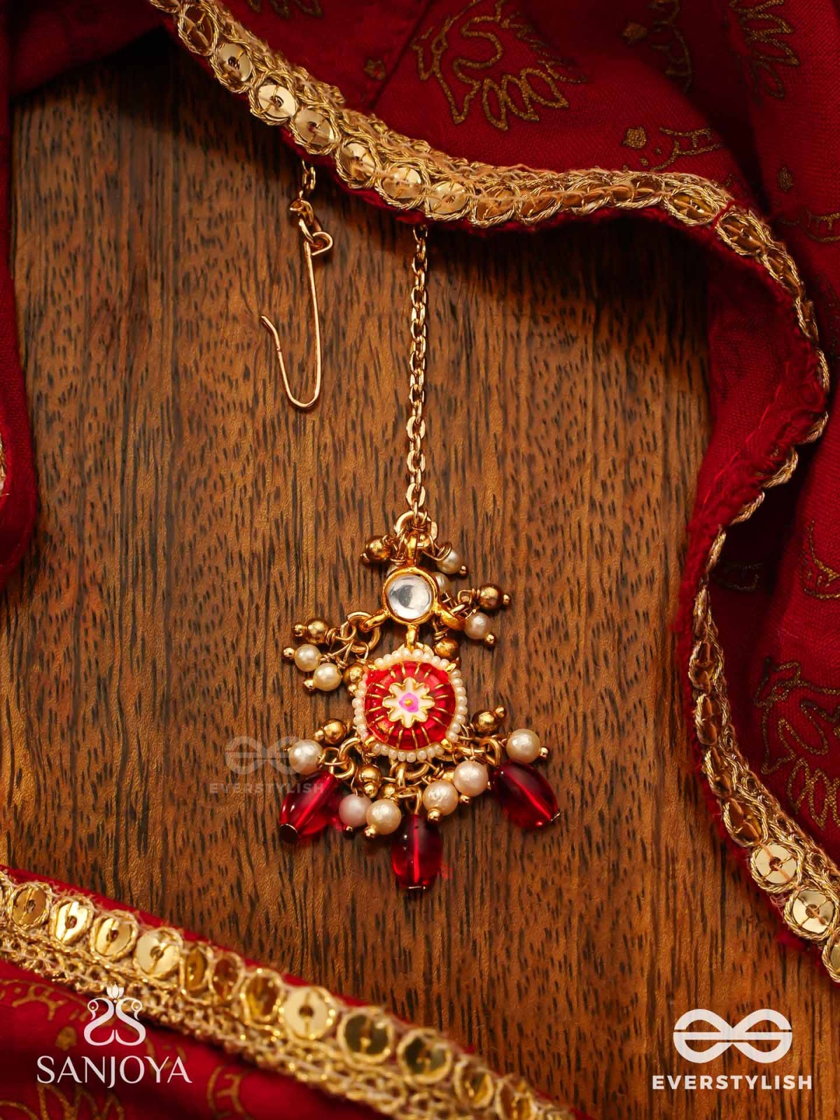 TRADITIONAL RED ENAMELLED POLKI MAANGTIKA WITH LUSTROUS BEADS AND PEARLS