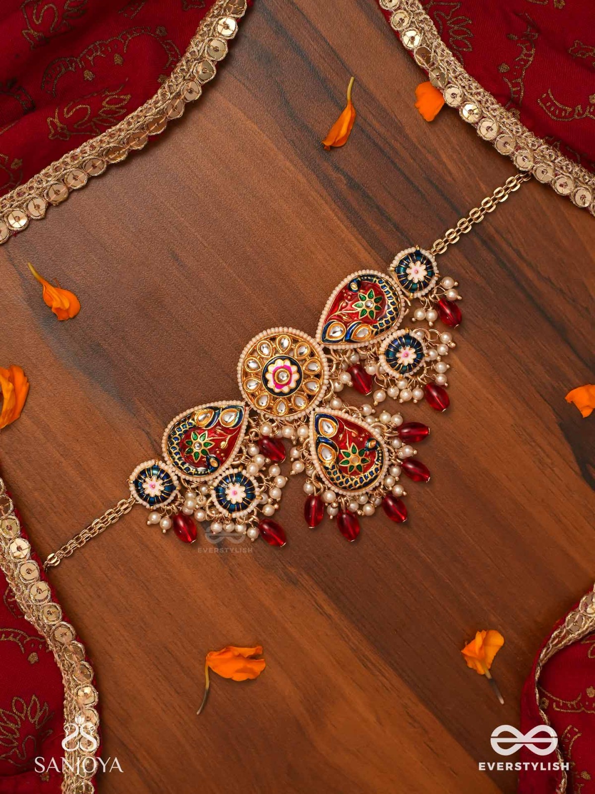 SUVARNAPUSHPA - GOLDEN BLOSSOM - LUXURIOUS HERITAGE KUNDAN NECKLACE WITH RED AND BLUE ENAMEL WORK, PEARLS AND BEADS
