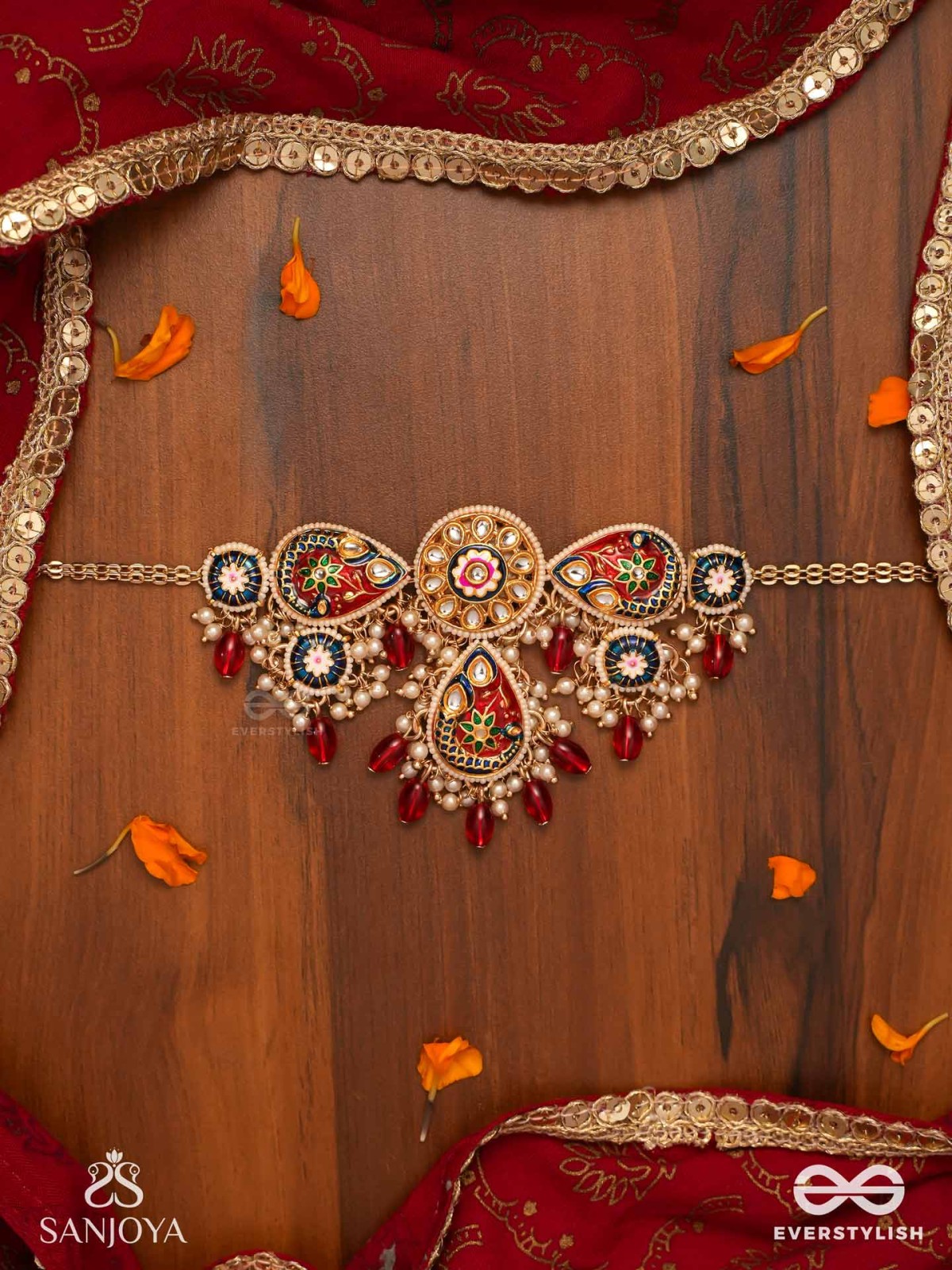 SUVARNAPUSHPA - GOLDEN BLOSSOM - LUXURIOUS HERITAGE KUNDAN NECKLACE WITH RED AND BLUE ENAMEL WORK, PEARLS AND BEADS