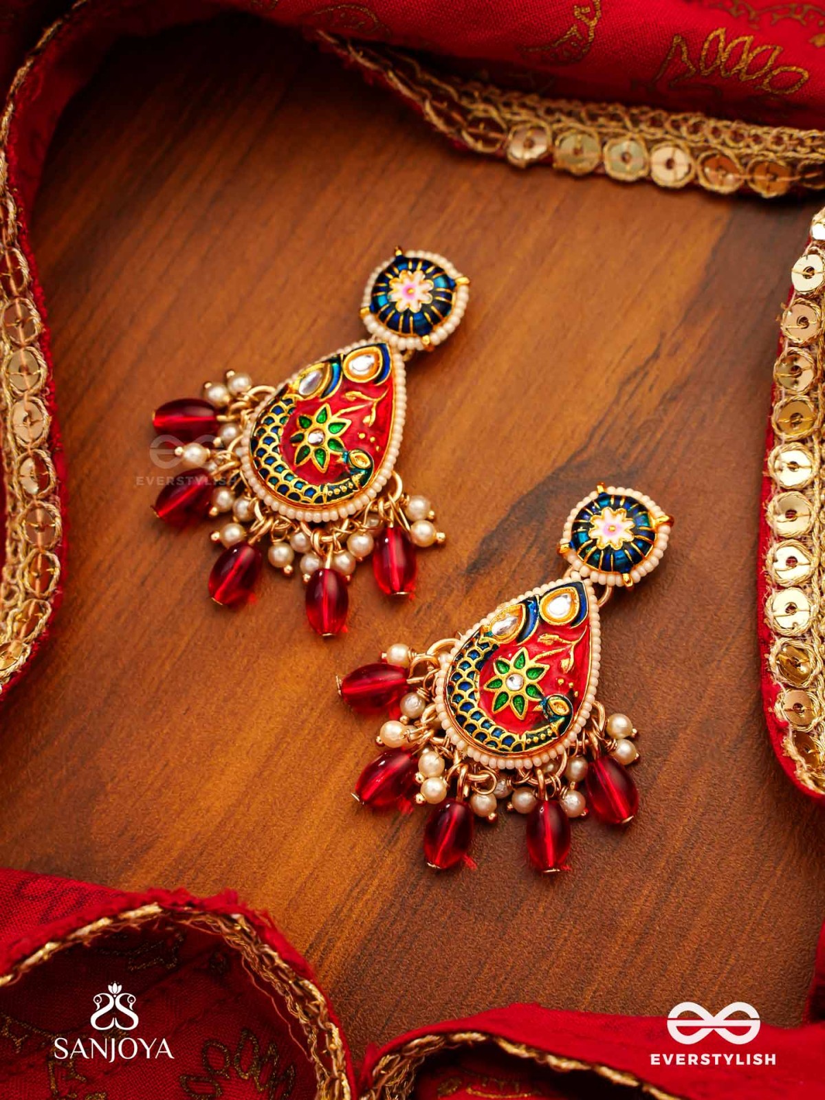 SUVARNAPUSHPA - GOLDEN BLOSSOM - LUXURIOUS HERITAGE KUNDAN EARRINGS WITH RED AND BLUE ENAMEL WORK, PEARLS AND BEADS