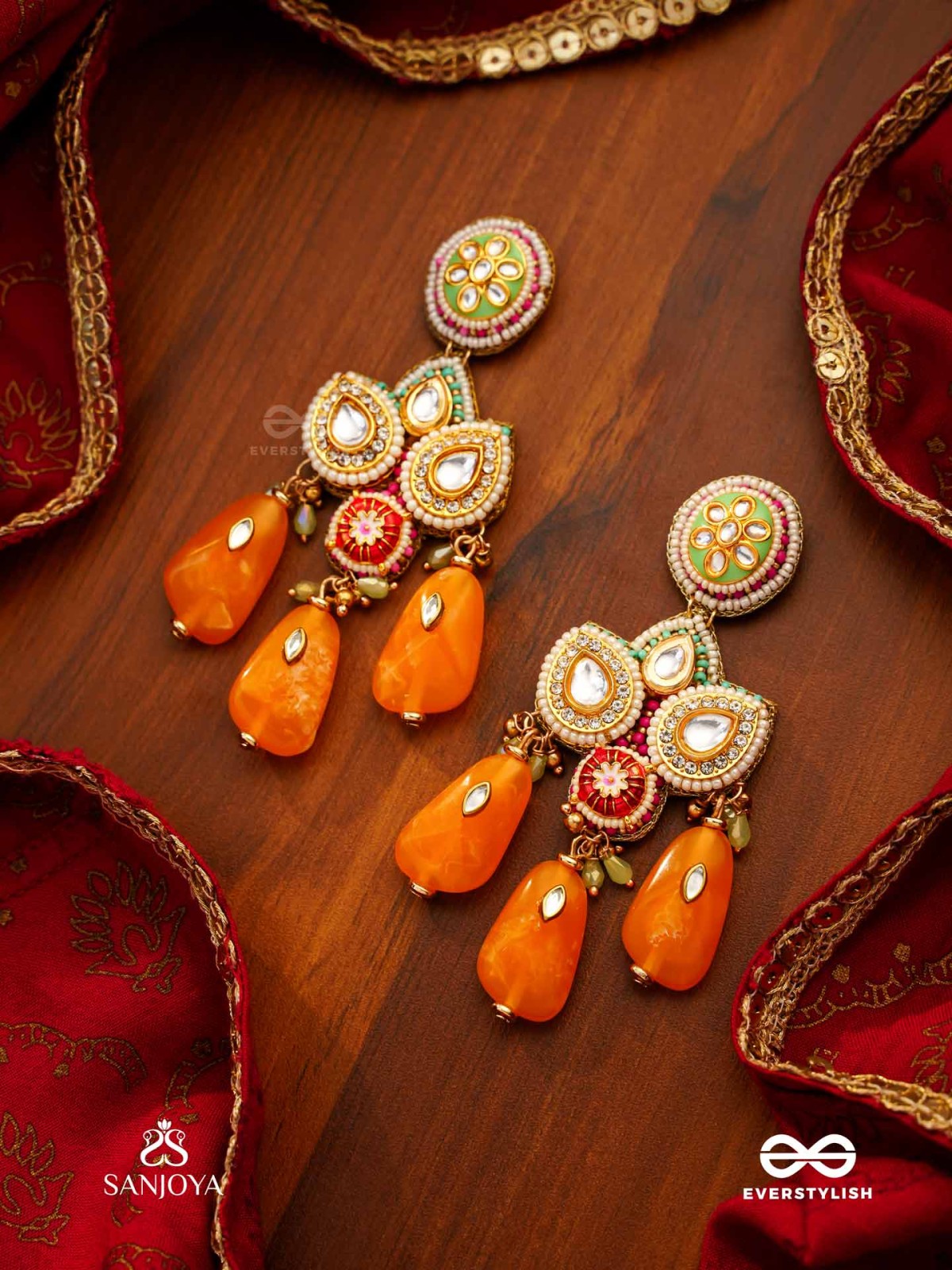 VASANTINI - SPRING’S BEAUTY - GRAND KUNDAN EARRINGS WITH PEARLS, BEADS AND GEM FRINGES