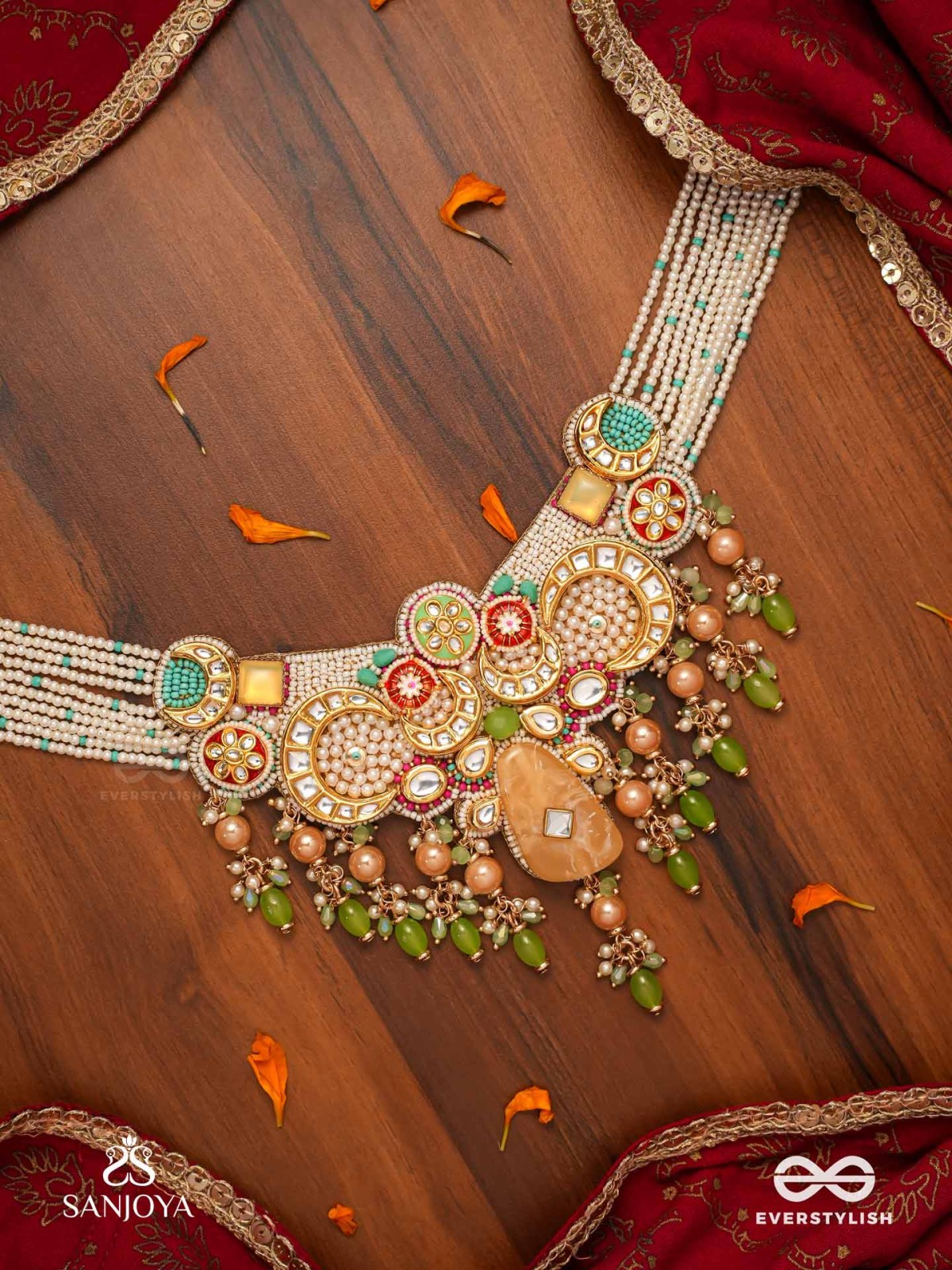 VASANTINI - SPRING’S BEAUTY - GRAND KUNDAN MULTI-CHAIN NECKLACE WITH PEARLS, BEADS AND GEM FRINGES