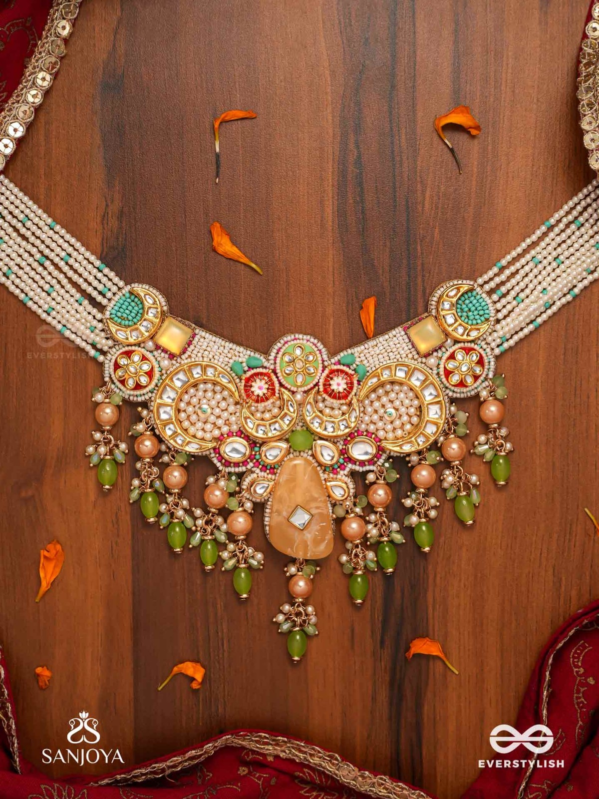 VASANTINI - SPRING’S BEAUTY - GRAND KUNDAN MULTI-CHAIN NECKLACE WITH PEARLS, BEADS AND GEM FRINGES