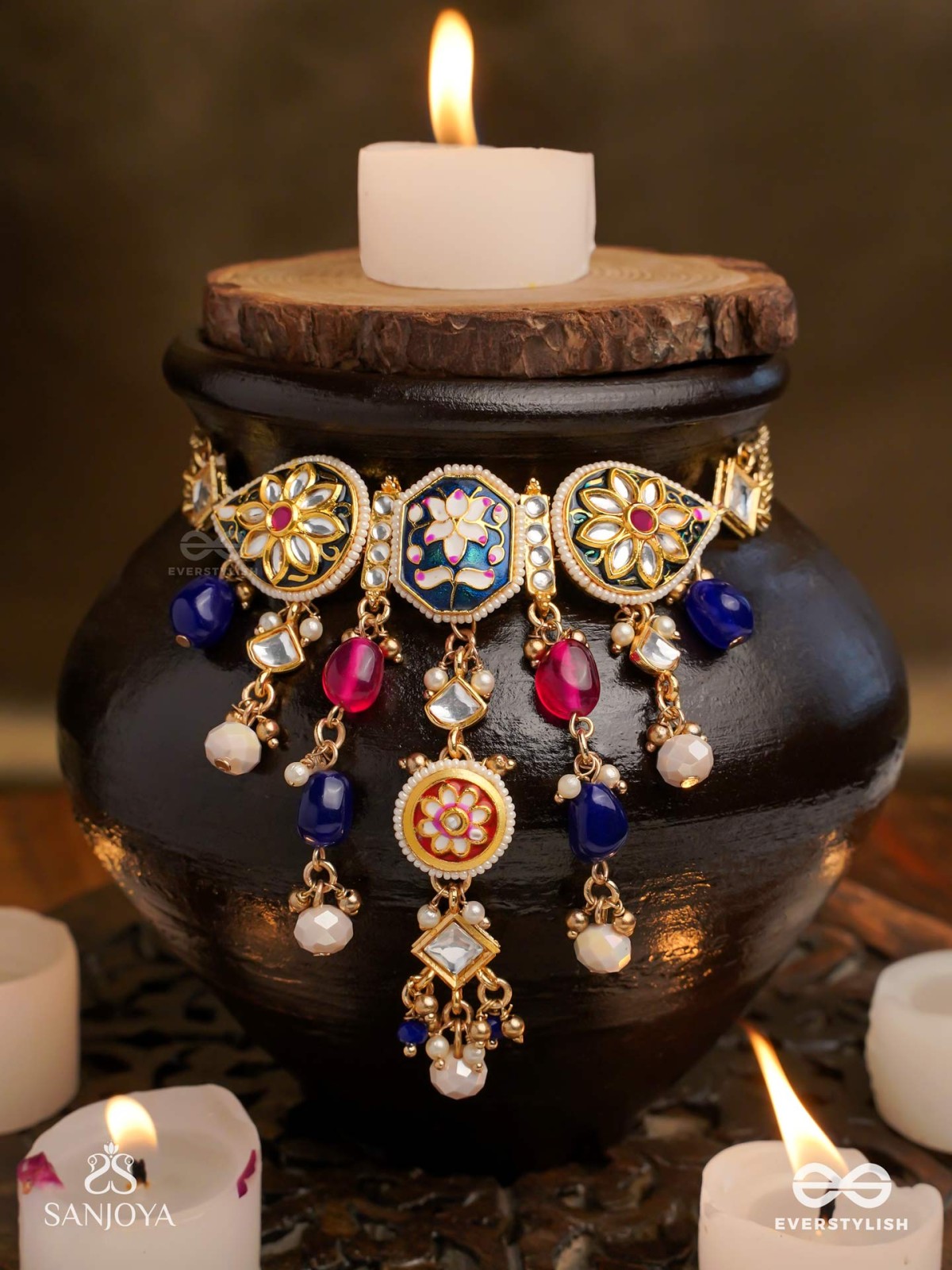 SANDHYARAGA - EVENING HUES - EXQUISITE KUNDAN NECKLACE WITH ENAMELLING AND GEM DROPS