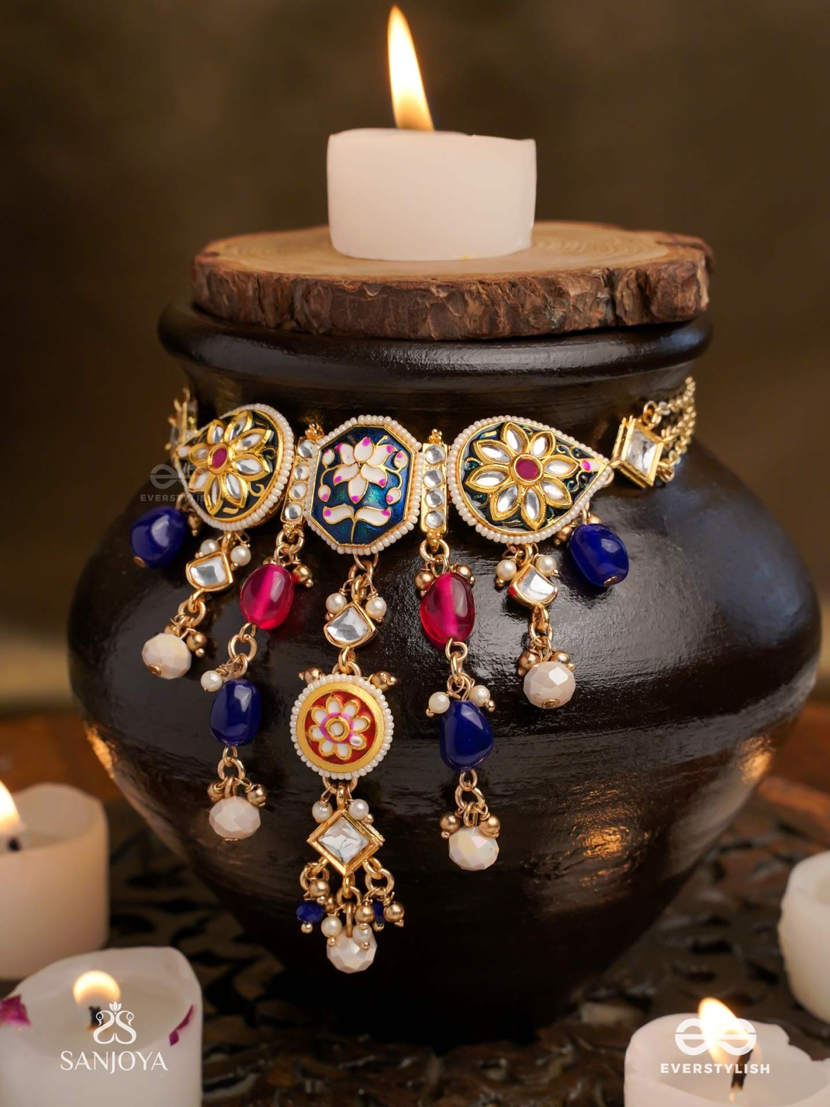 SANDHYARAGA - EVENING HUES - EXQUISITE KUNDAN NECKLACE WITH ENAMELLING AND GEM DROPS