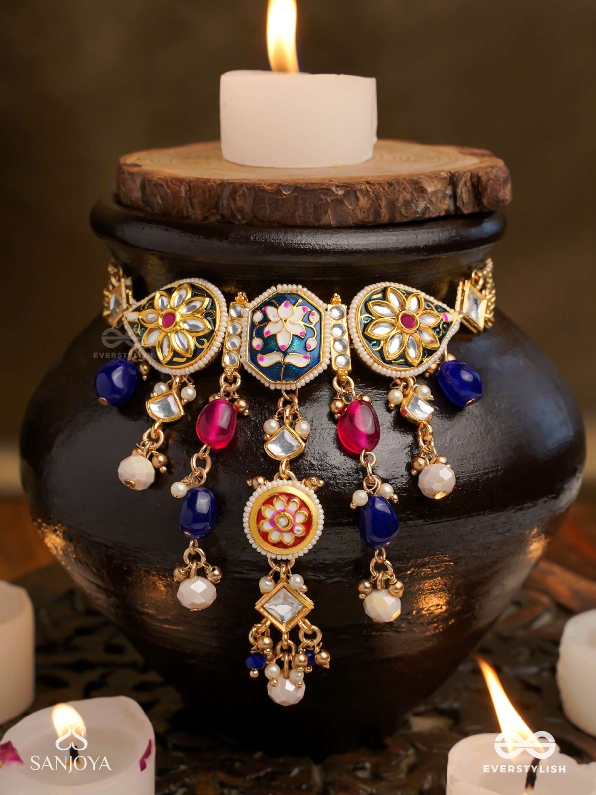 SANDHYARAGA - EVENING HUES - EXQUISITE KUNDAN NECKLACE WITH ENAMELLING AND GEM DROPS